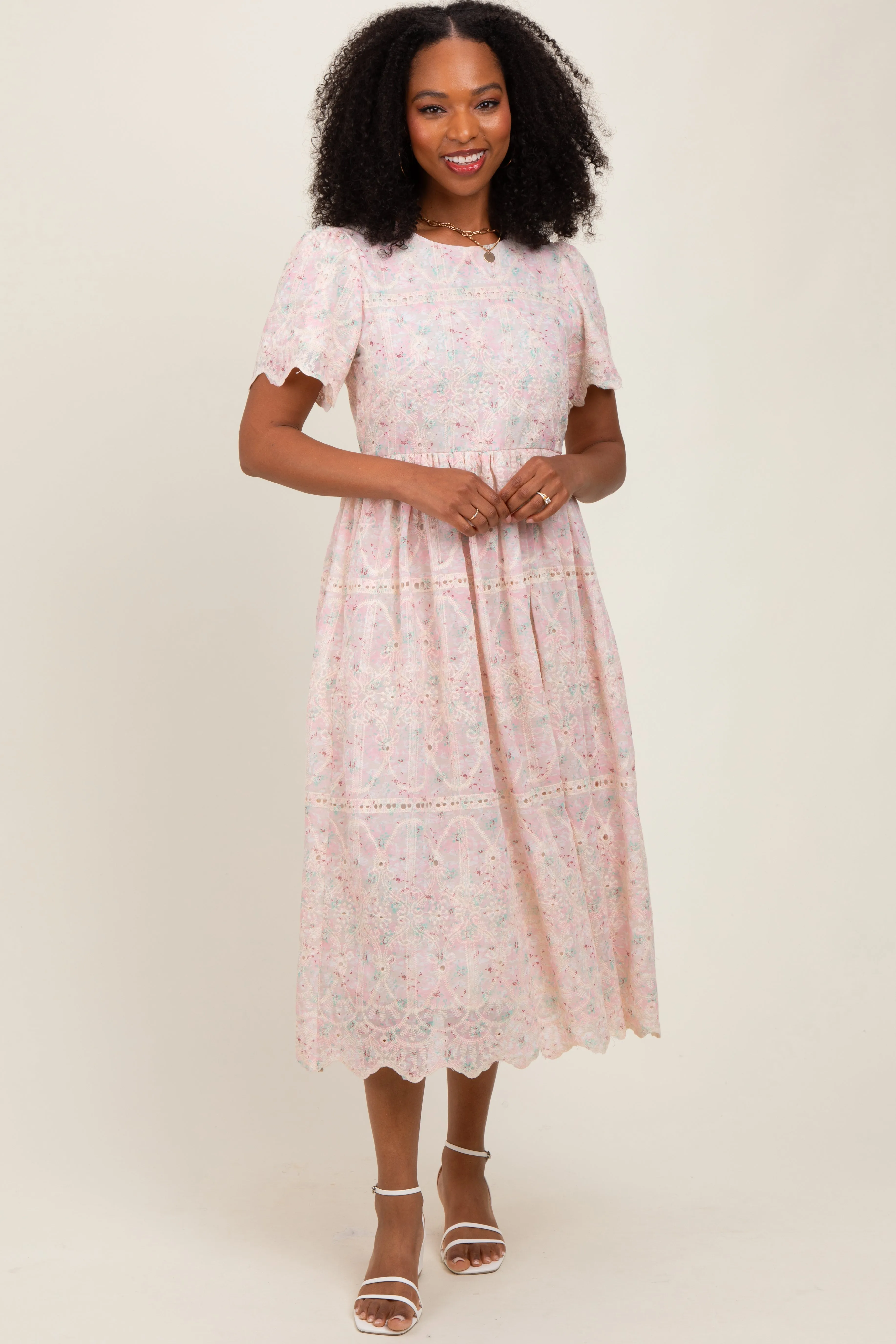 Light Pink Embroidered Chiffon Midi Dress sold by Pinkblush