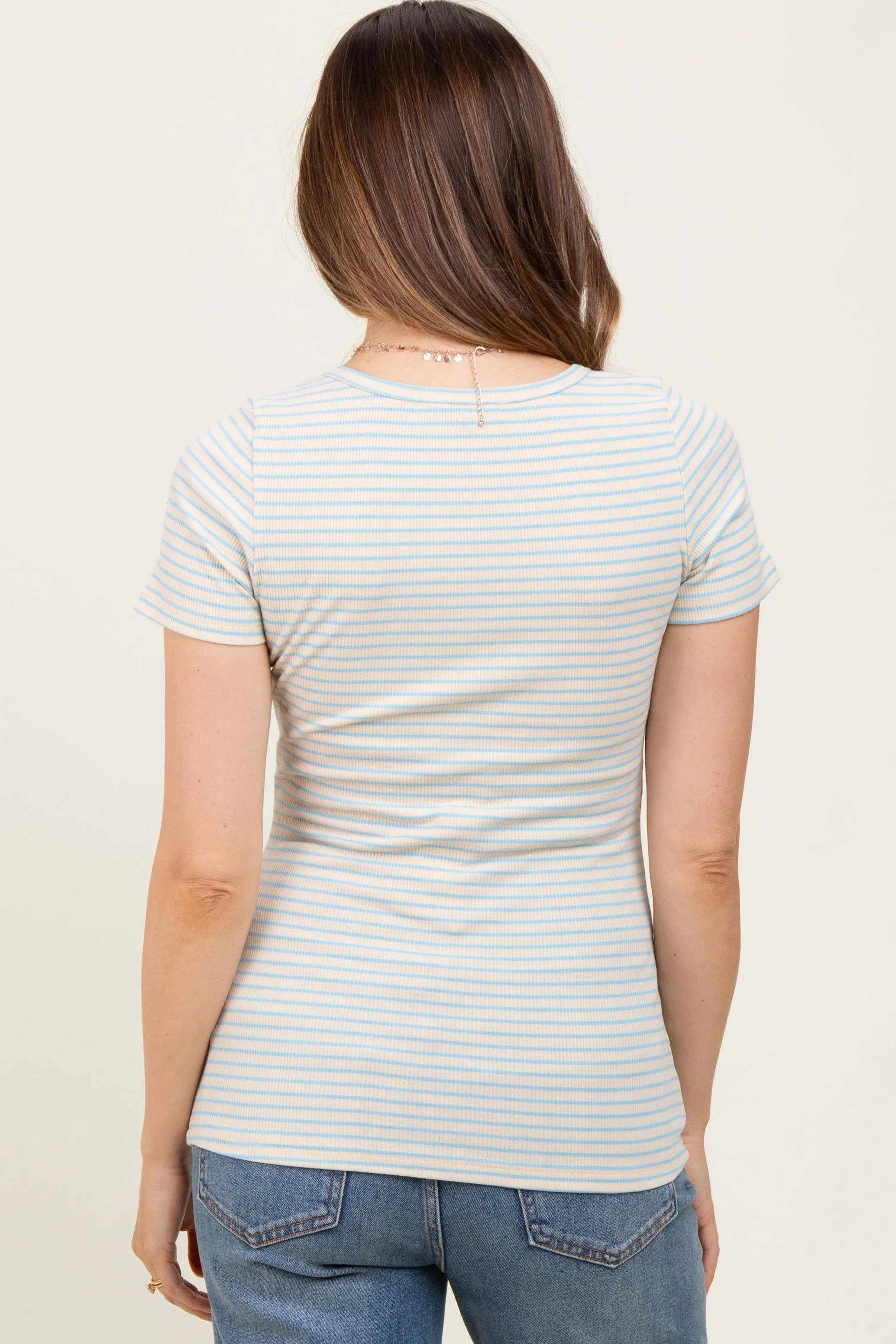 Light Blue Striped Fitted Short Sleeve Maternity Top sold by Pinkblush product image thumbnail 3