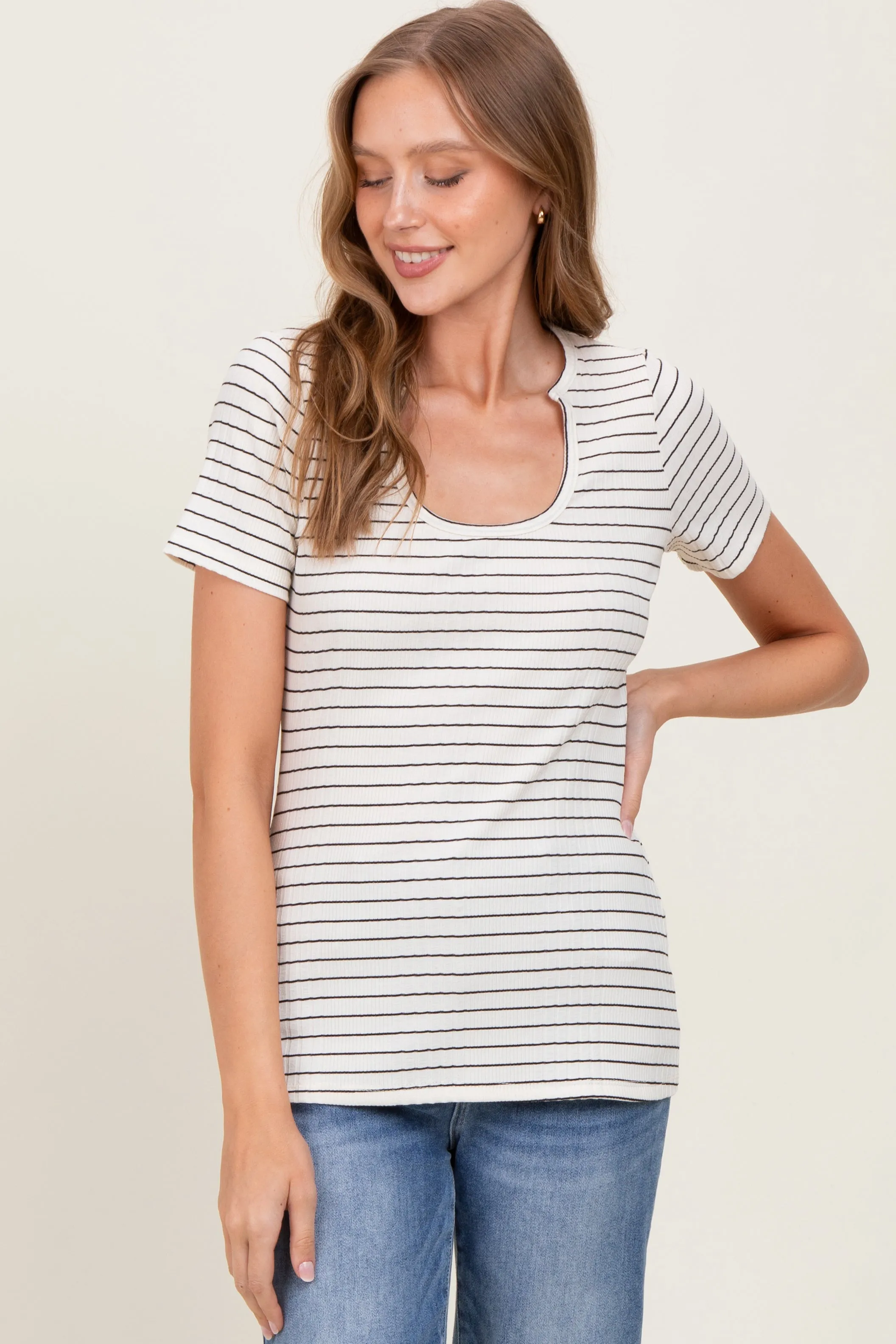 Cream Ribbed Striped Short Sleeve Top sold by Pinkblush product image thumbnail 2