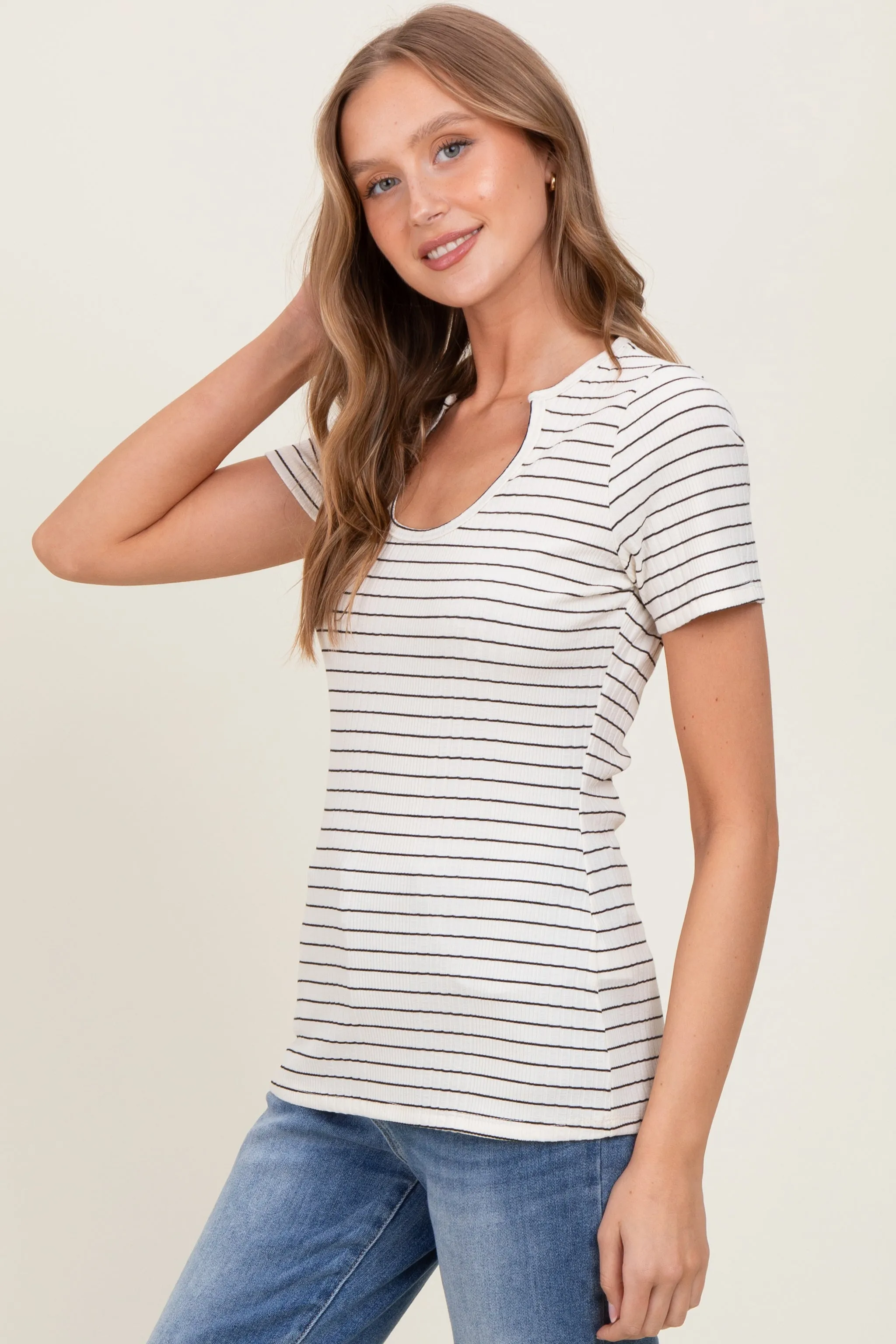 Cream Ribbed Striped Short Sleeve Top sold by Pinkblush product image thumbnail 3