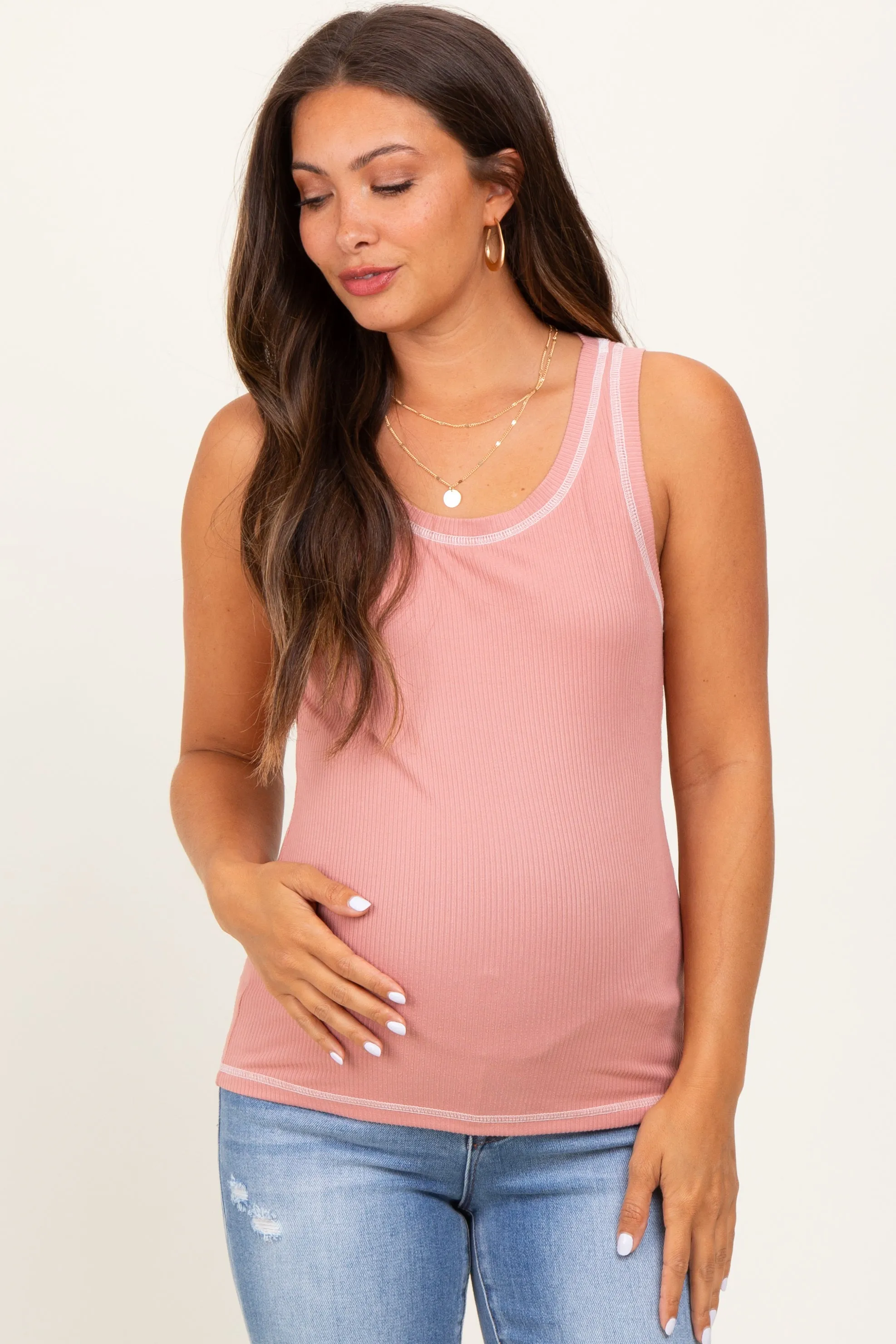 Pink Ribbed Contrast Stitch Maternity Tank Top sold by Pinkblush product image thumbnail 2