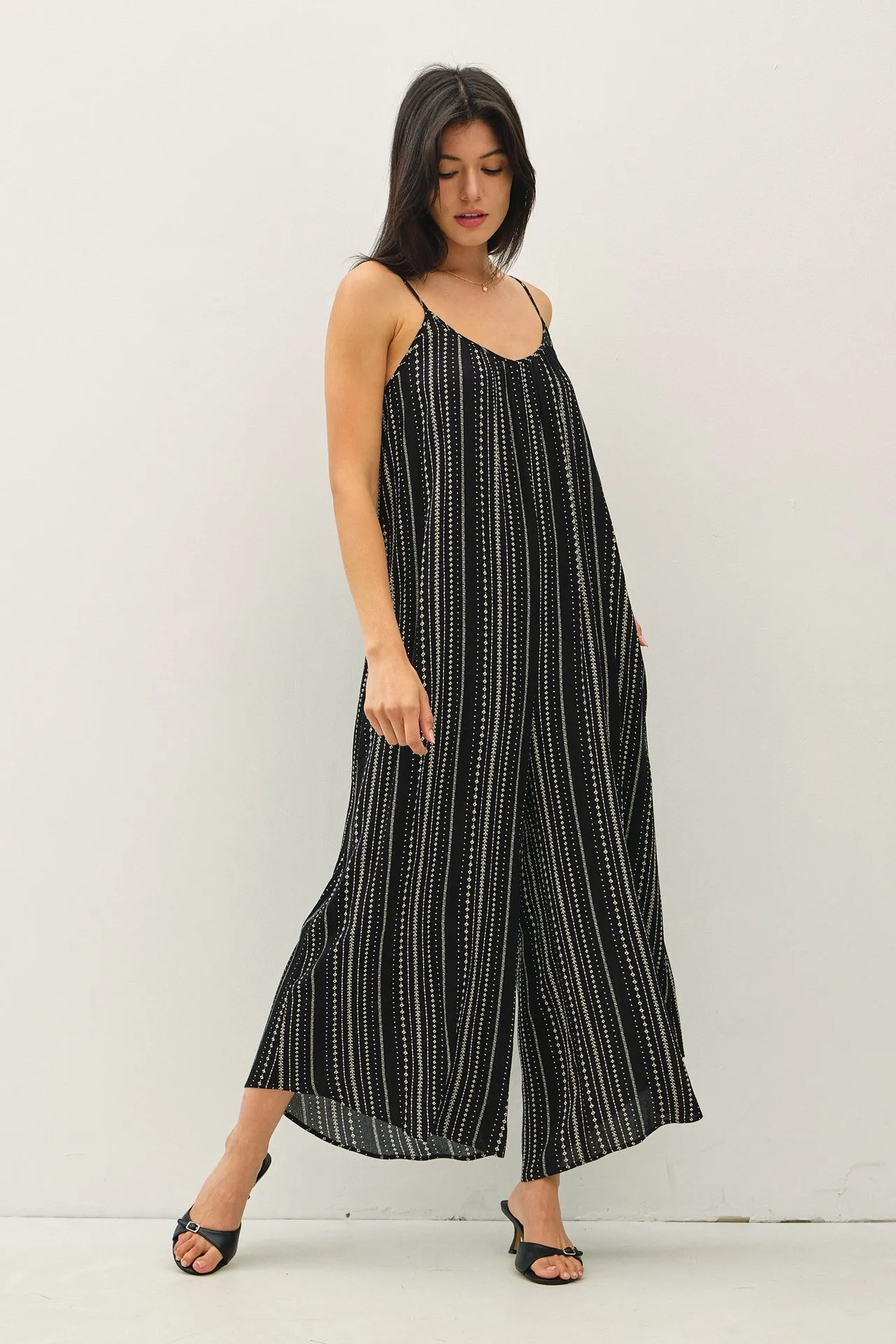 Black Printed Sleeveless Wide Leg Jumpsuit sold by Pinkblush