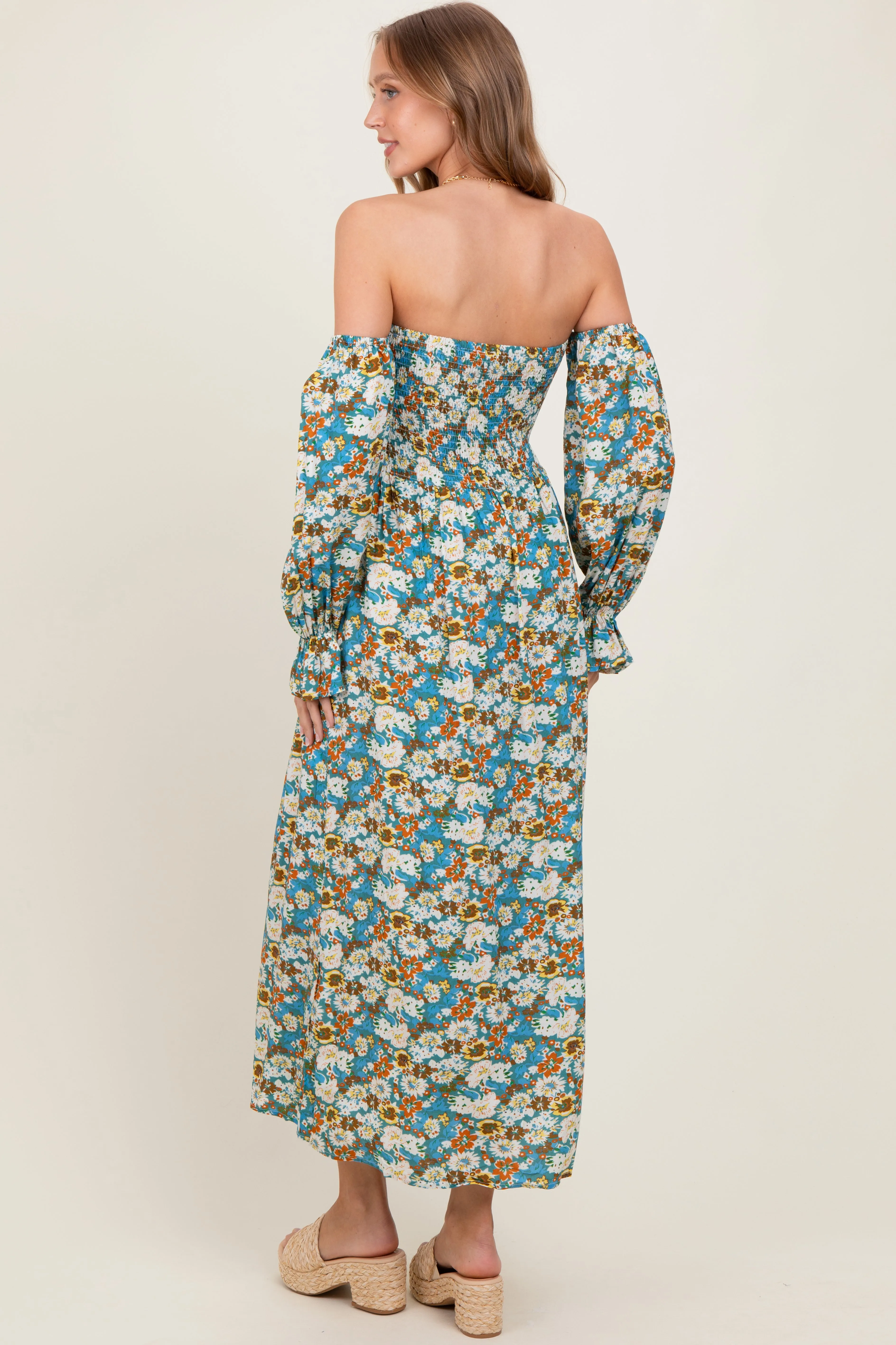 Deep Teal Floral Print Off Shoulder Smocked Maxi Dress sold by Pinkblush product image thumbnail 3