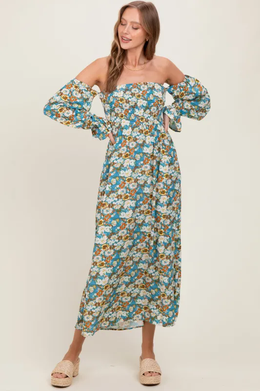 Deep Teal Floral Print Off Shoulder Smocked Maxi Dress sold by Pinkblush