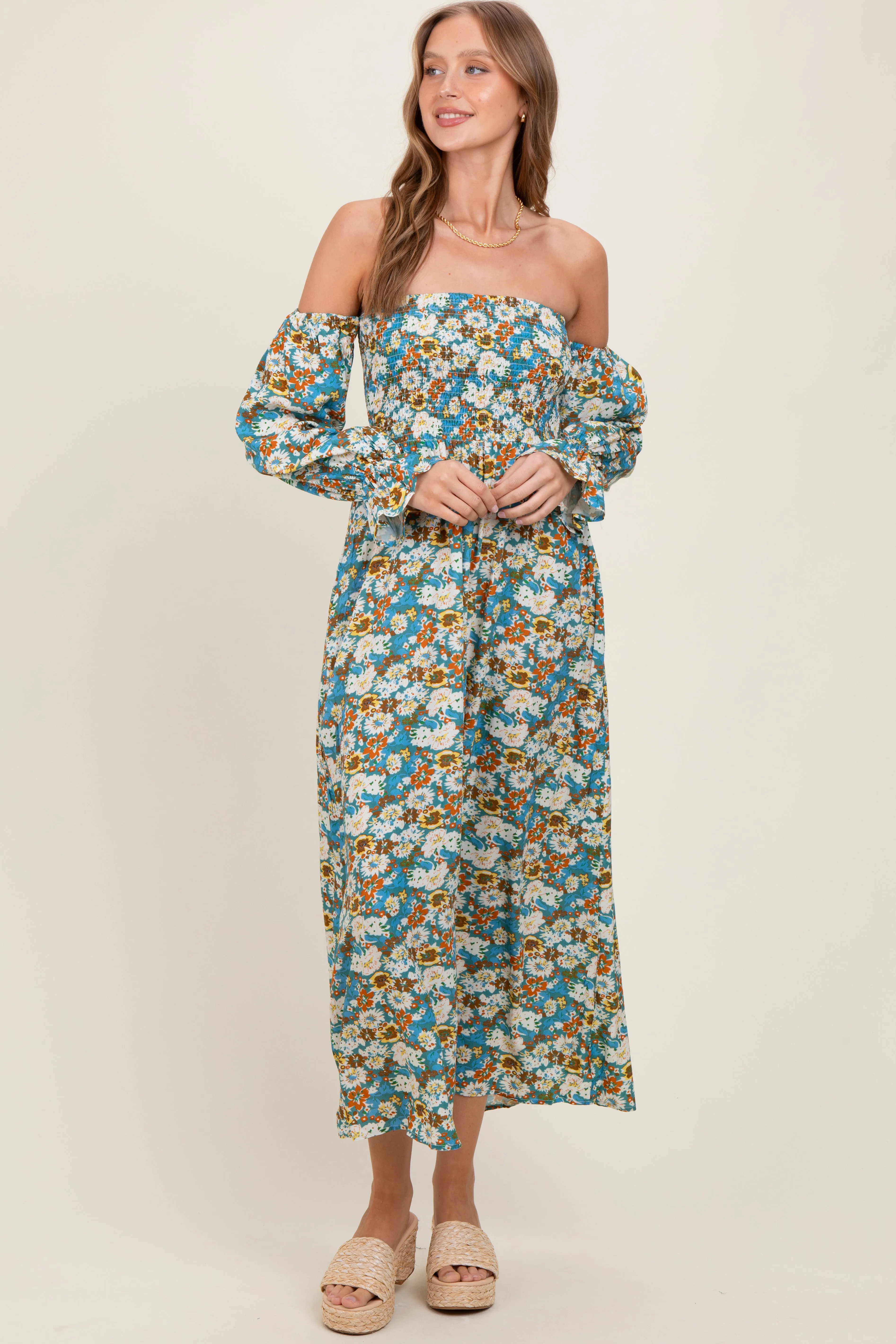 Deep Teal Floral Print Off Shoulder Smocked Maxi Dress sold by Pinkblush product image thumbnail 2