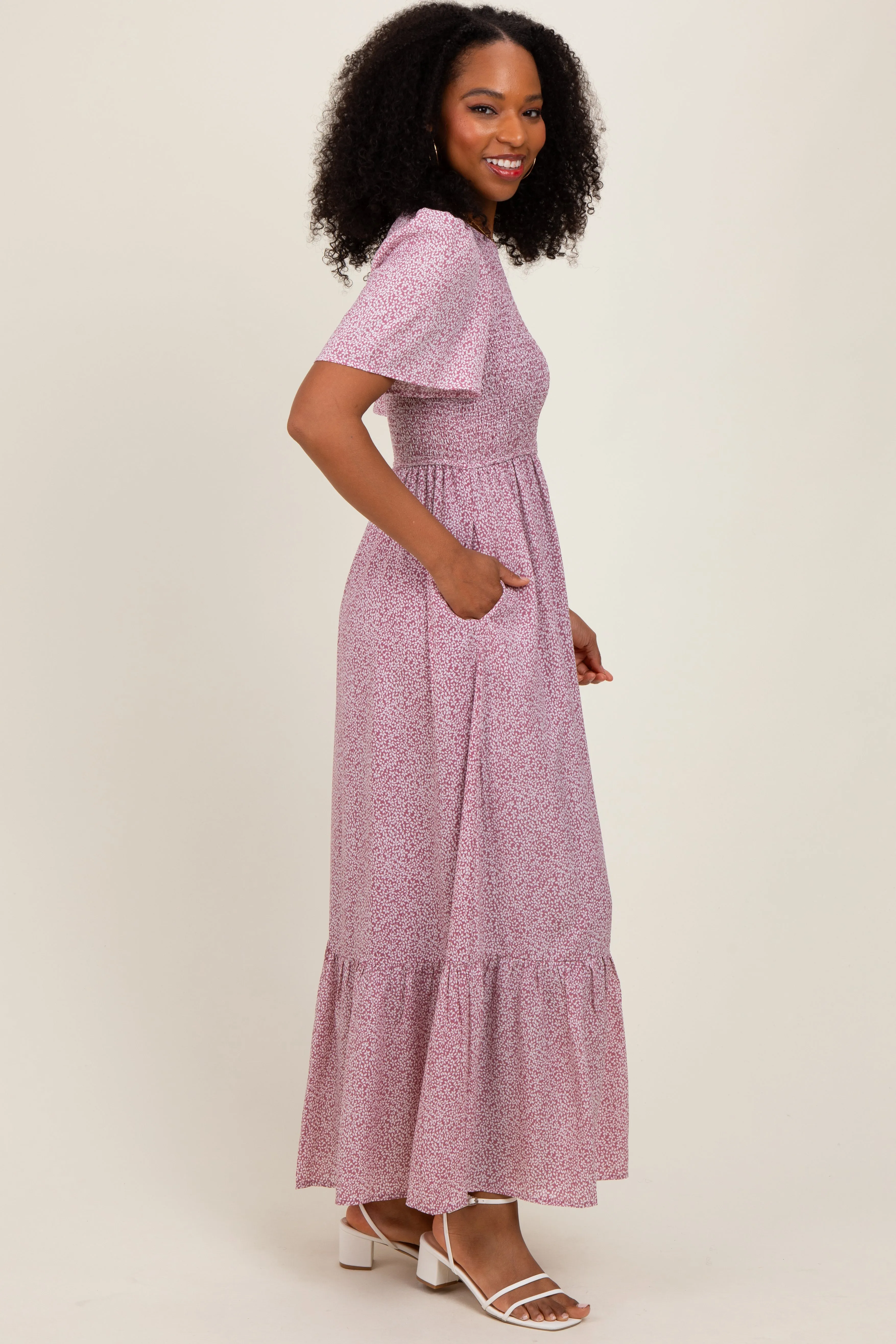 Mauve Floral Smocked Midi Dress sold by Pinkblush product image thumbnail 3