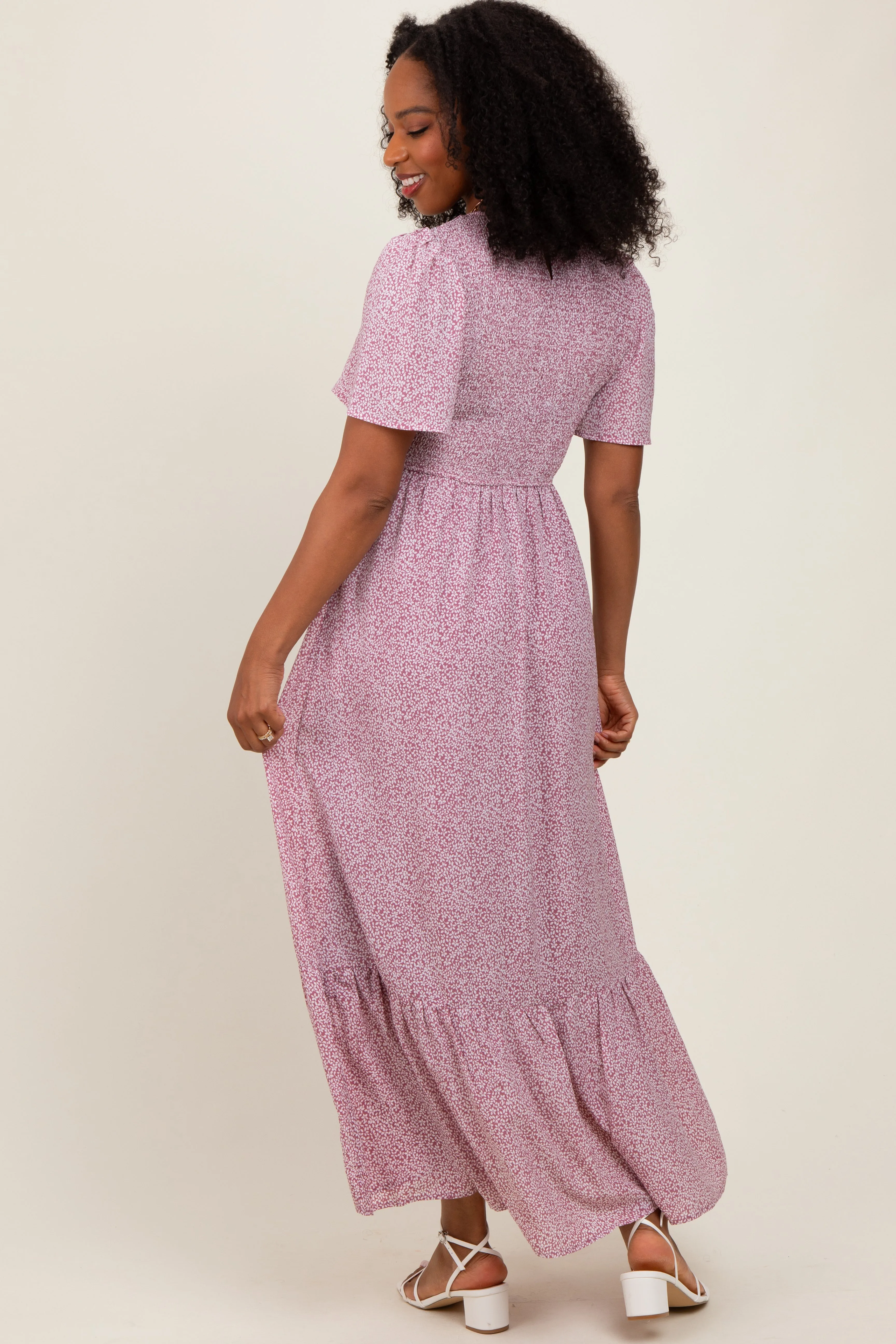 Mauve Floral Smocked Midi Dress sold by Pinkblush product image thumbnail 4