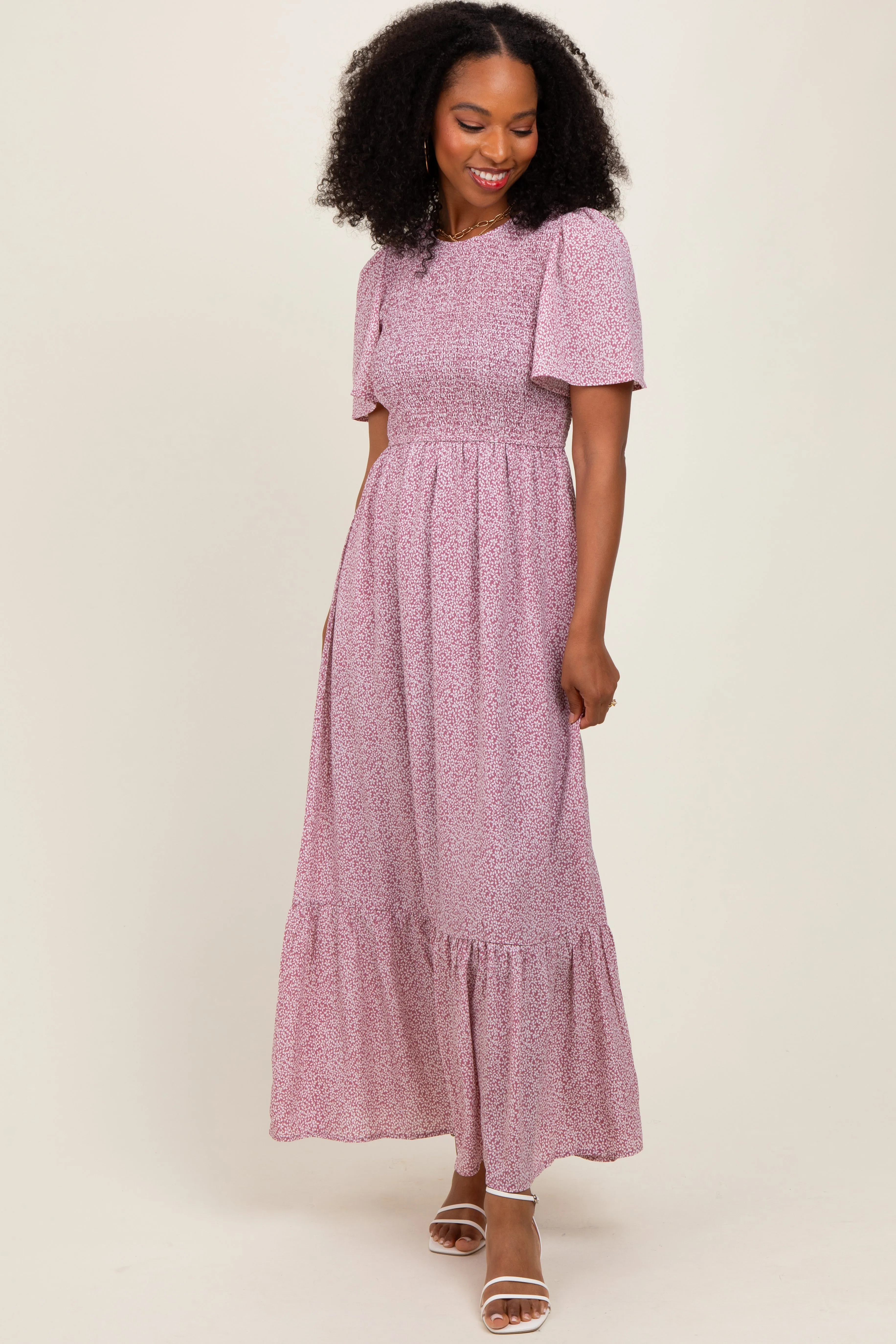 Mauve Floral Smocked Midi Dress sold by Pinkblush product image thumbnail 2