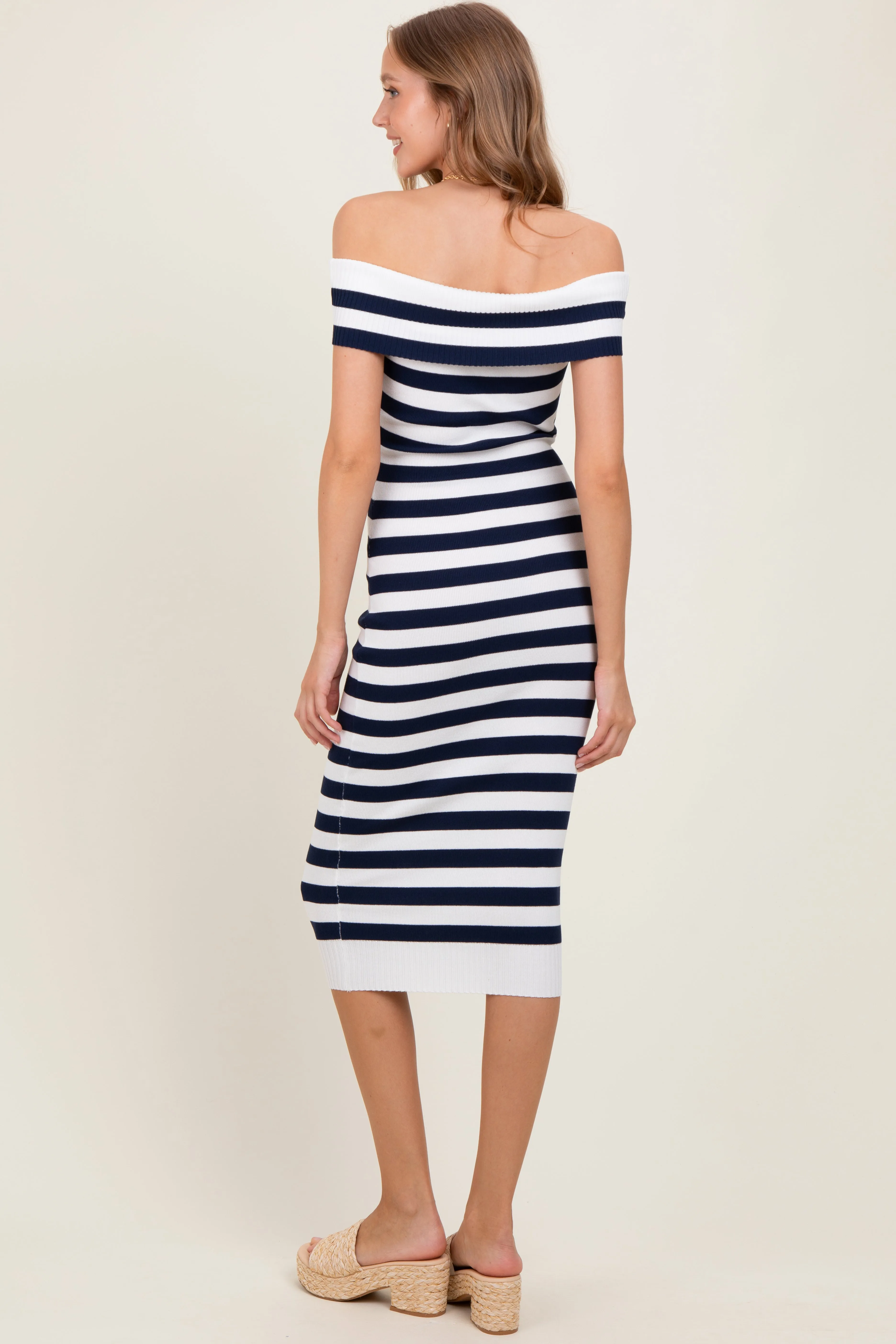 Navy Striped Off Shoulder Midi Sweater Dress sold by Pinkblush product image thumbnail 4