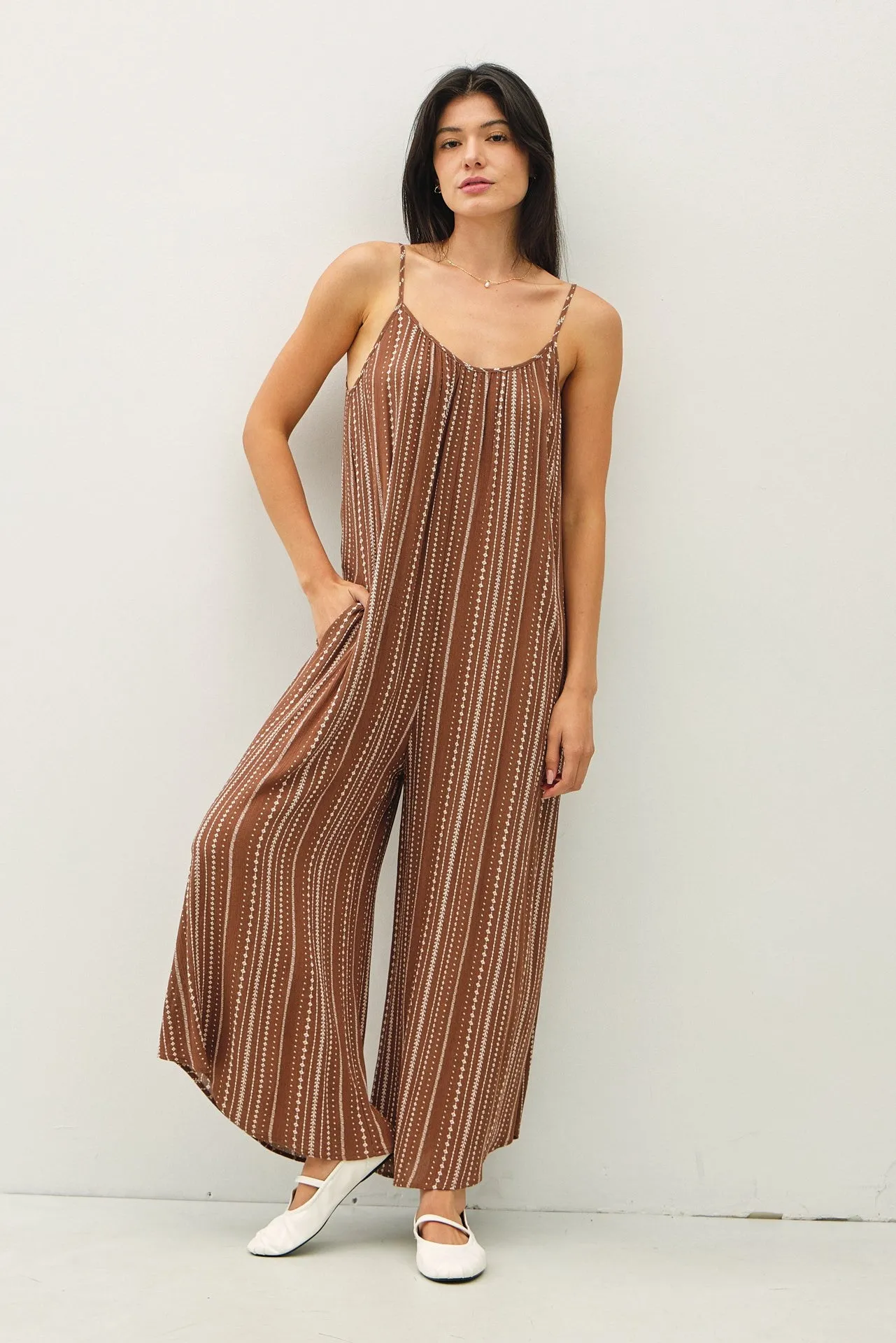 Brown Printed Sleeveless Wide Leg Jumpsuit sold by Pinkblush