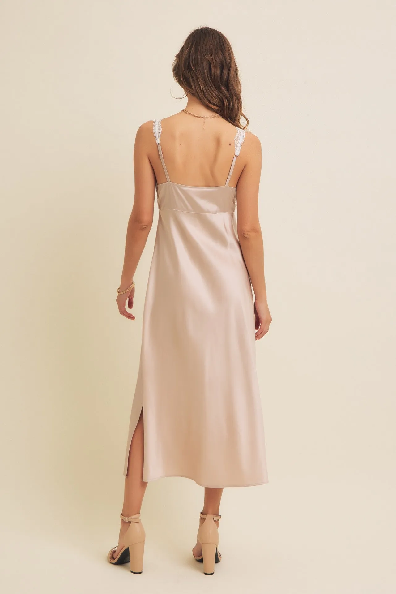 Beige Satin Lace Side Slit Slip Dress sold by Pinkblush product image thumbnail 4