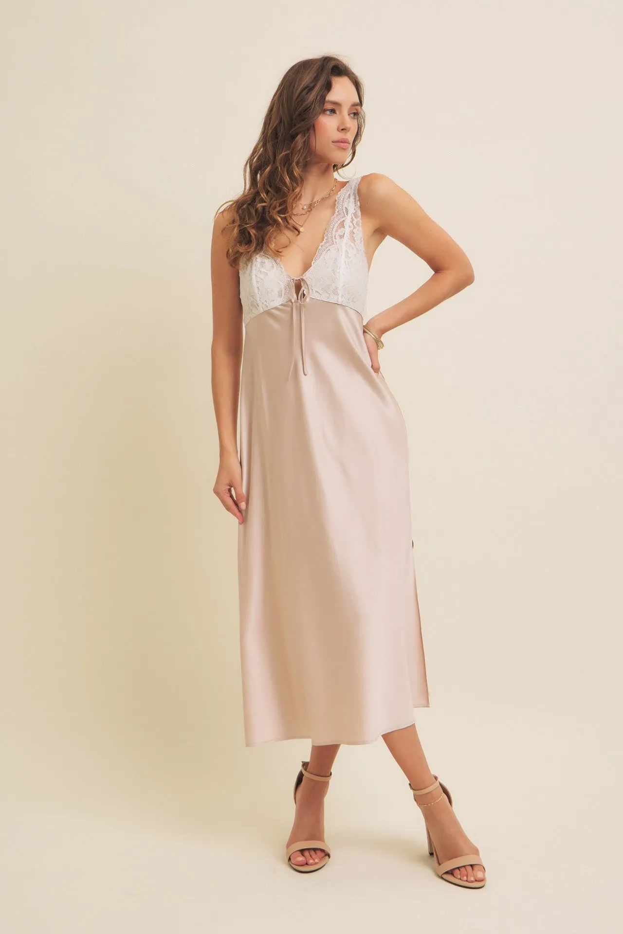 Beige Satin Lace Side Slit Slip Dress sold by Pinkblush