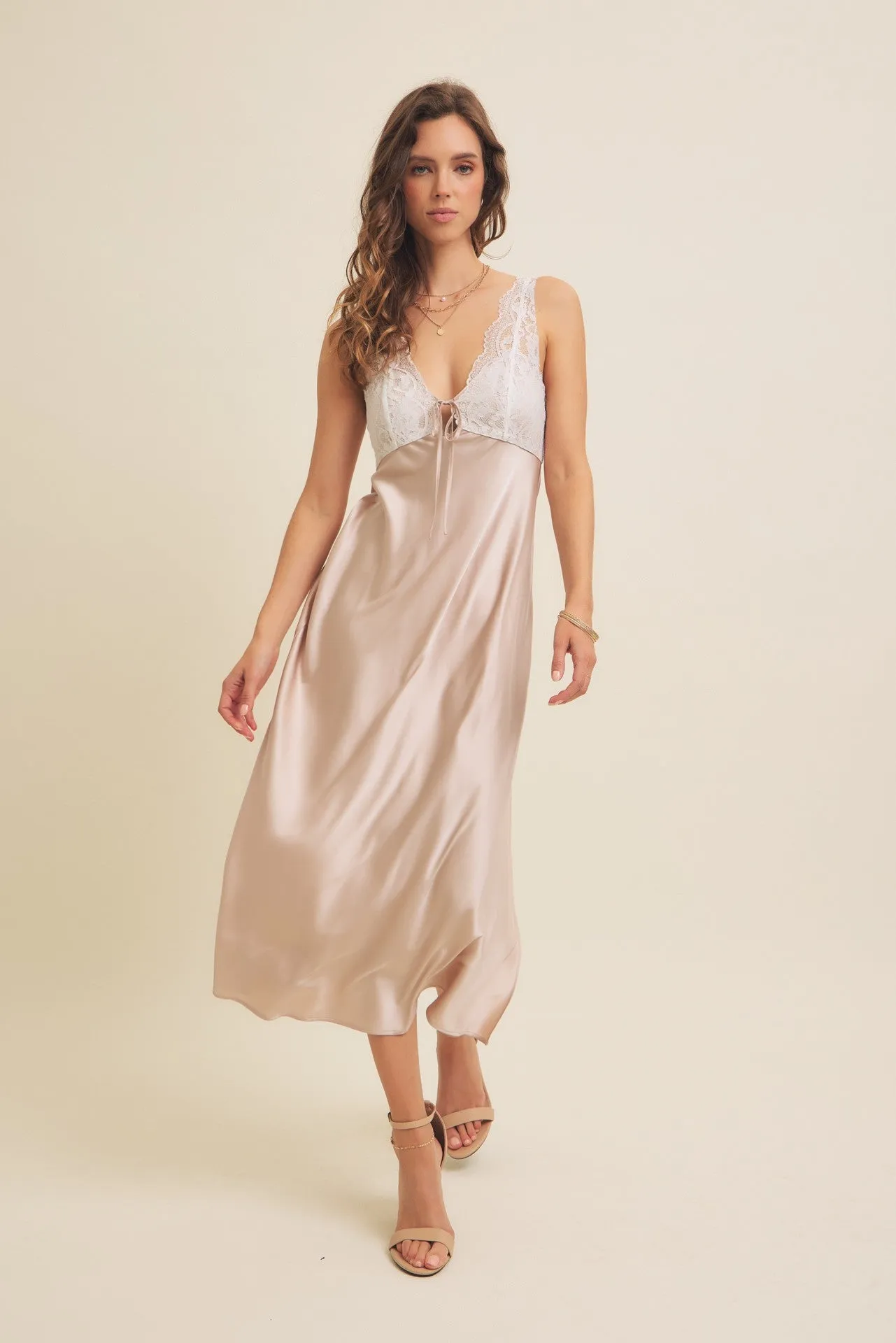Beige Satin Lace Side Slit Slip Dress sold by Pinkblush product image thumbnail 2