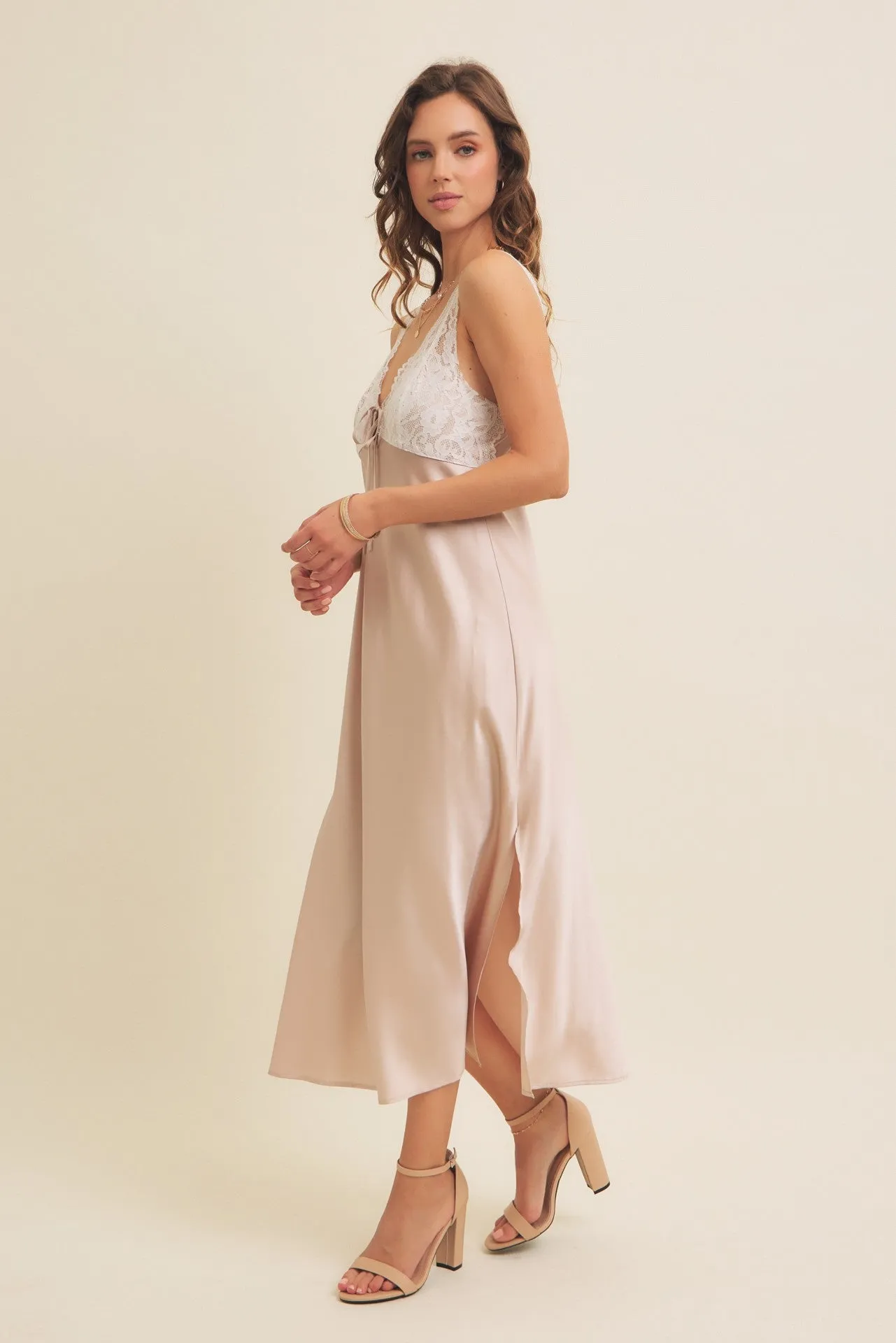 Beige Satin Lace Side Slit Slip Dress sold by Pinkblush product image thumbnail 3