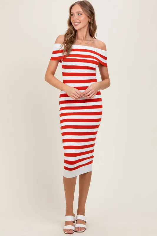 Red Striped Off Shoulder Midi Sweater Dress sold by Pinkblush