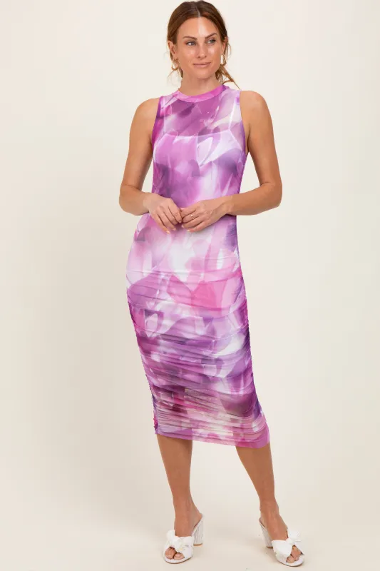 Purple Printed Mesh Overlay Sleeveless Fitted Midi Dress sold by Pinkblush