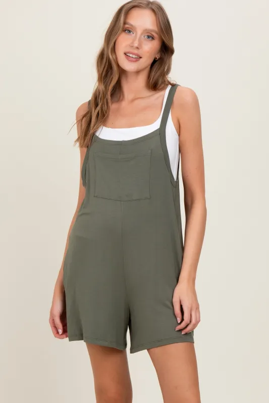 Green Olive Front Pocket Overall Knit Romper sold by Pinkblush