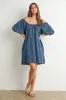 Navy Chambray Jacquard Puff Sleeve Mini Dress sold by Pinkblush