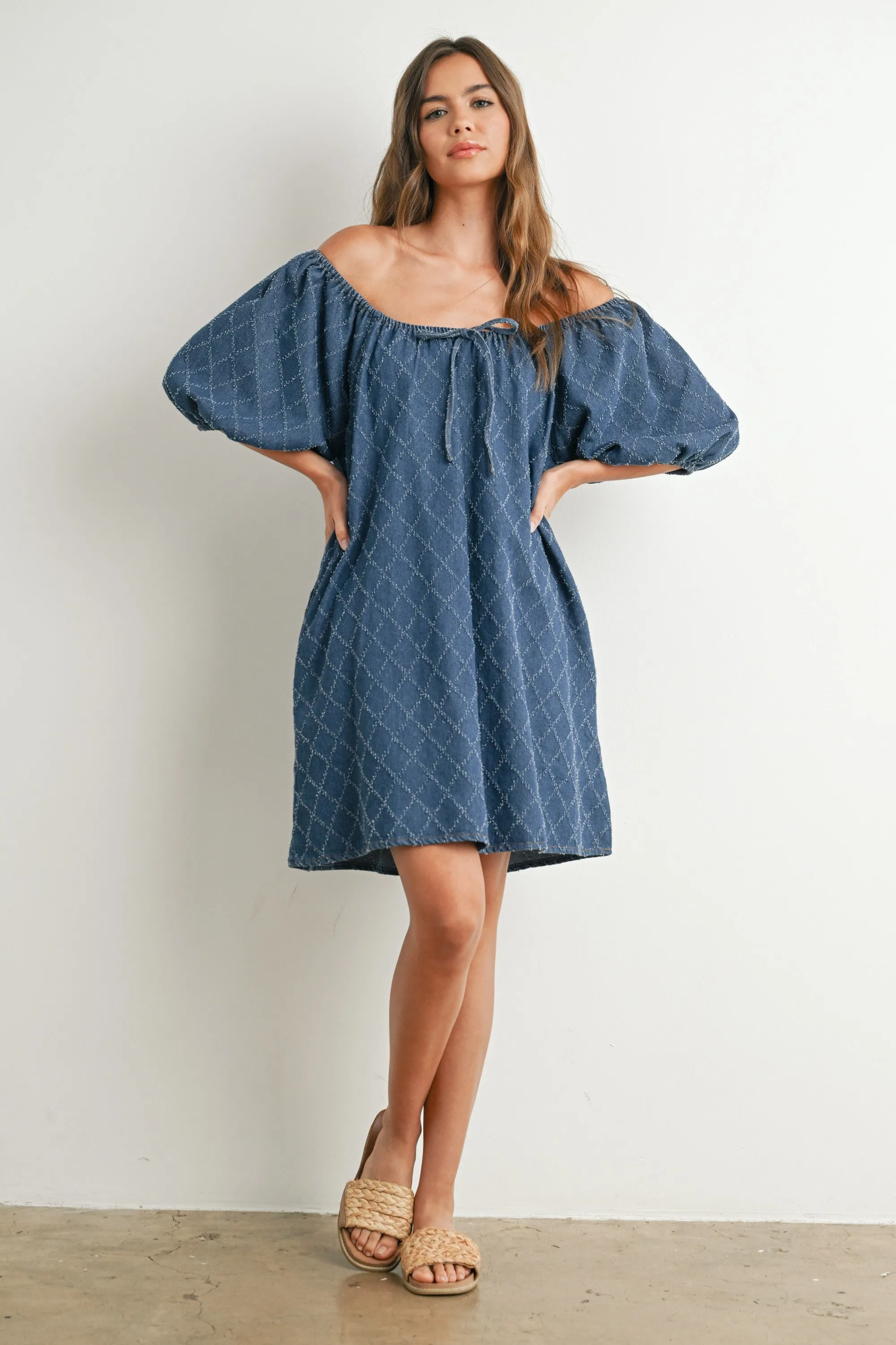 Navy Chambray Jacquard Puff Sleeve Mini Dress sold by Pinkblush product image thumbnail 4
