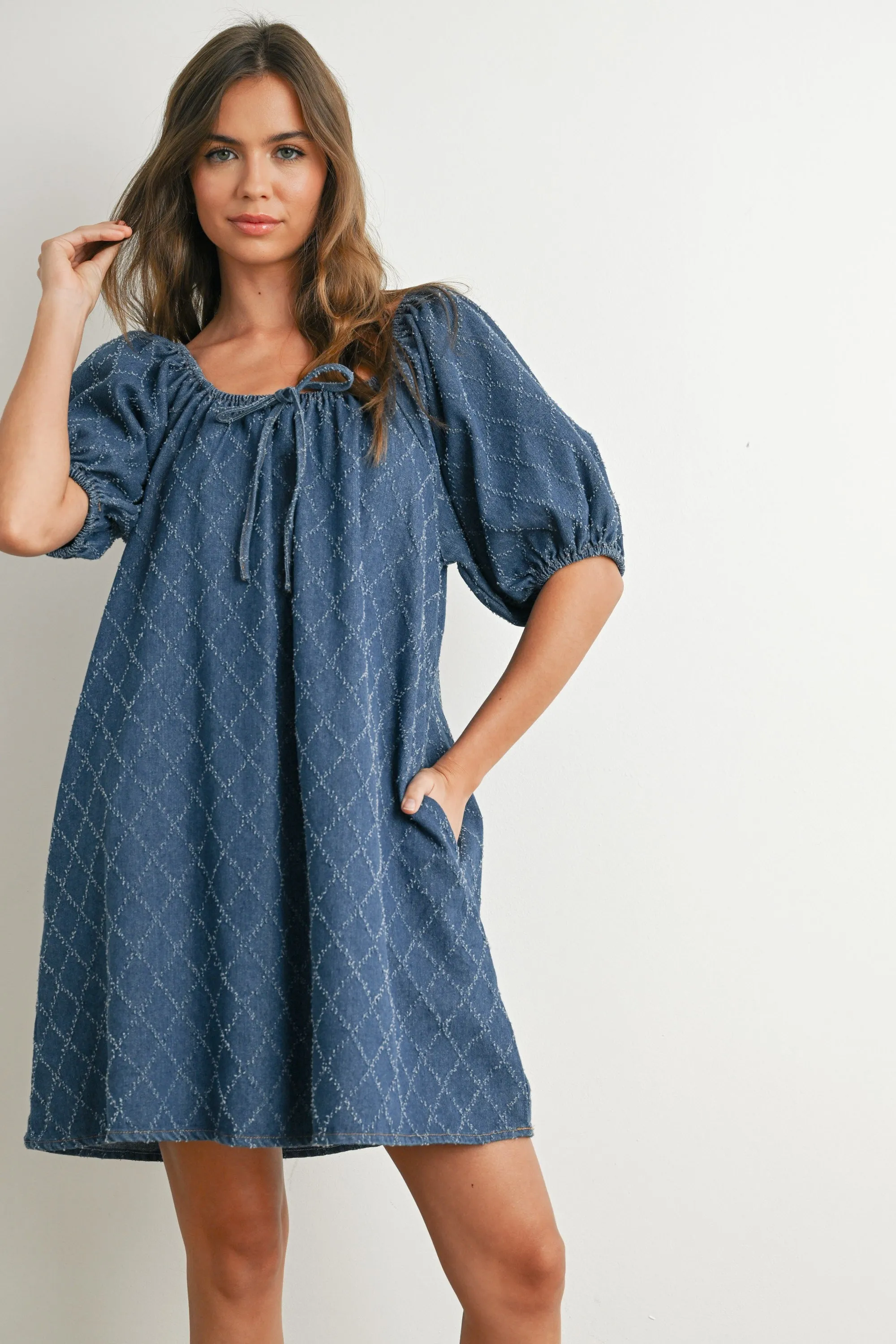 Navy Chambray Jacquard Puff Sleeve Mini Dress sold by Pinkblush