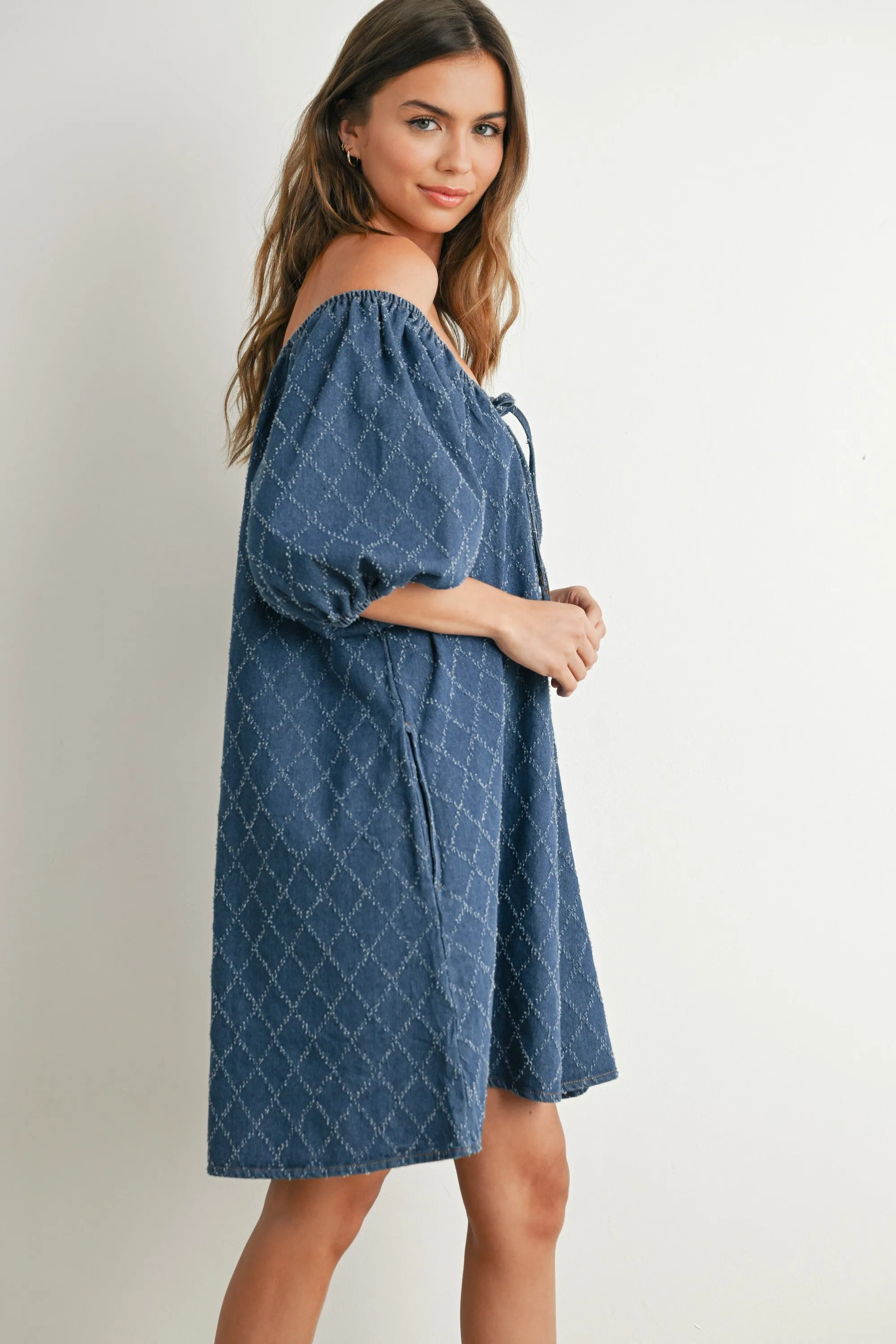 Navy Chambray Jacquard Puff Sleeve Mini Dress sold by Pinkblush product image thumbnail 2