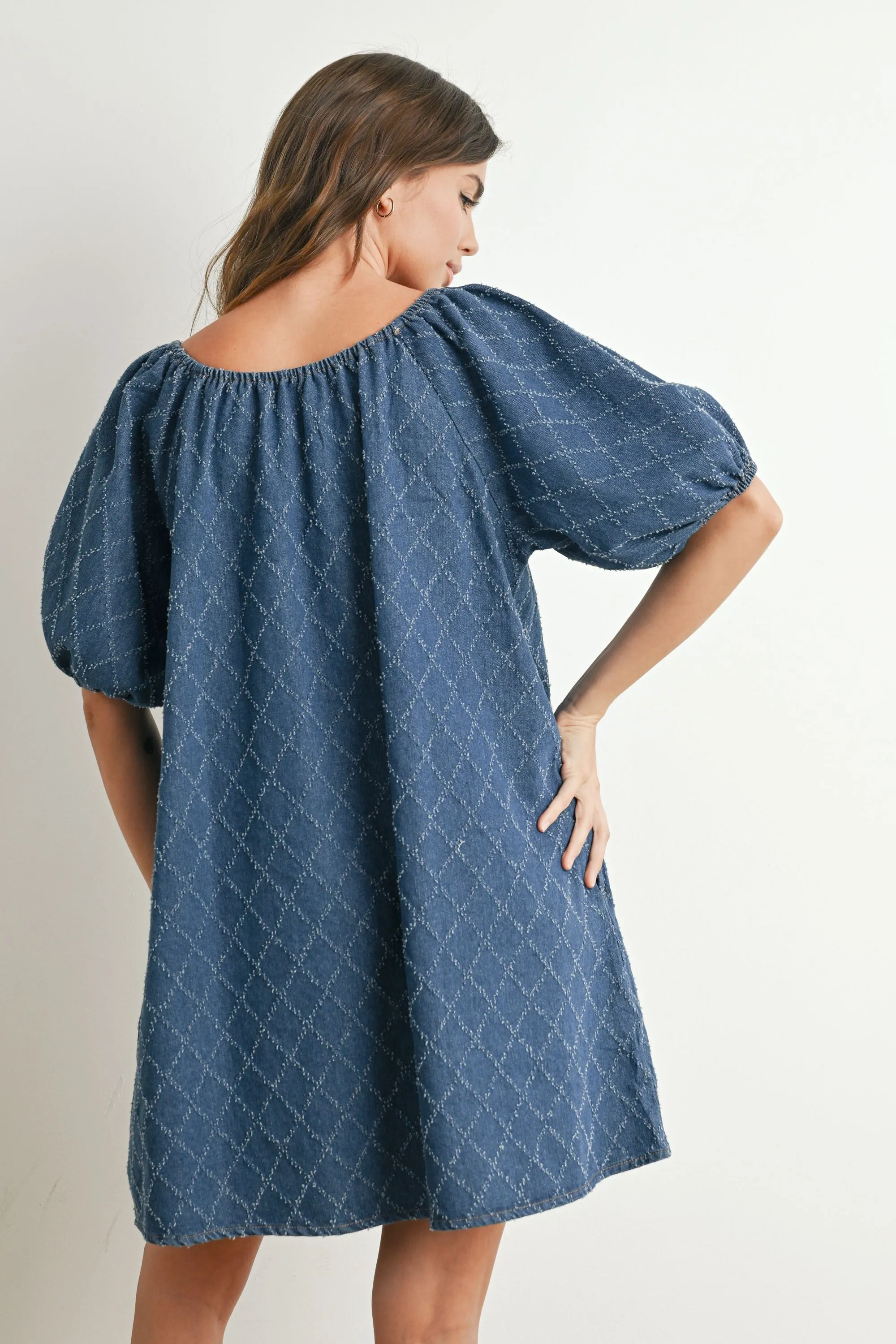 Navy Chambray Jacquard Puff Sleeve Mini Dress sold by Pinkblush product image thumbnail 3