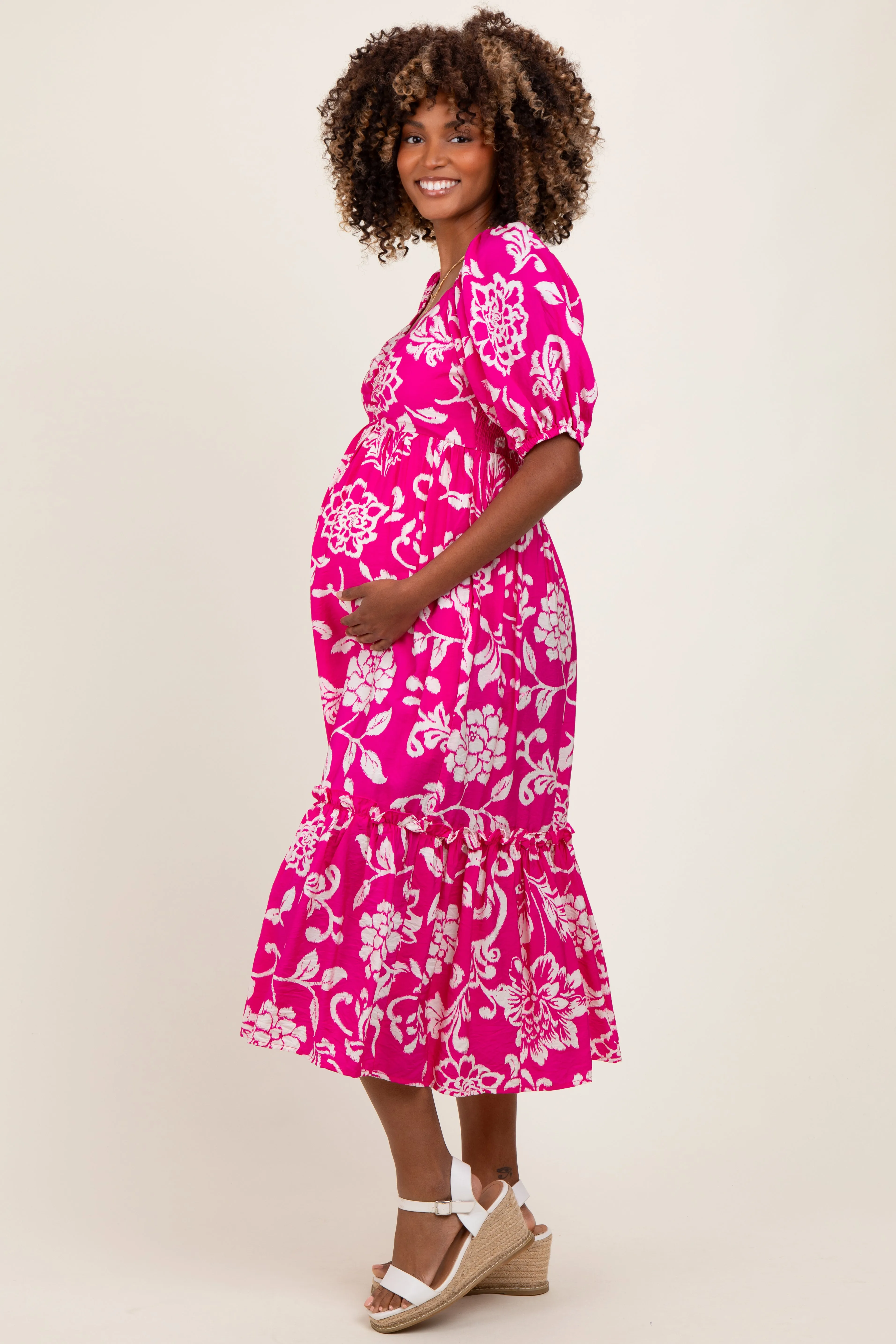 Fuchsia Floral Sweetheart Neckline Maternity Midi Dress sold by Pinkblush product image thumbnail 2