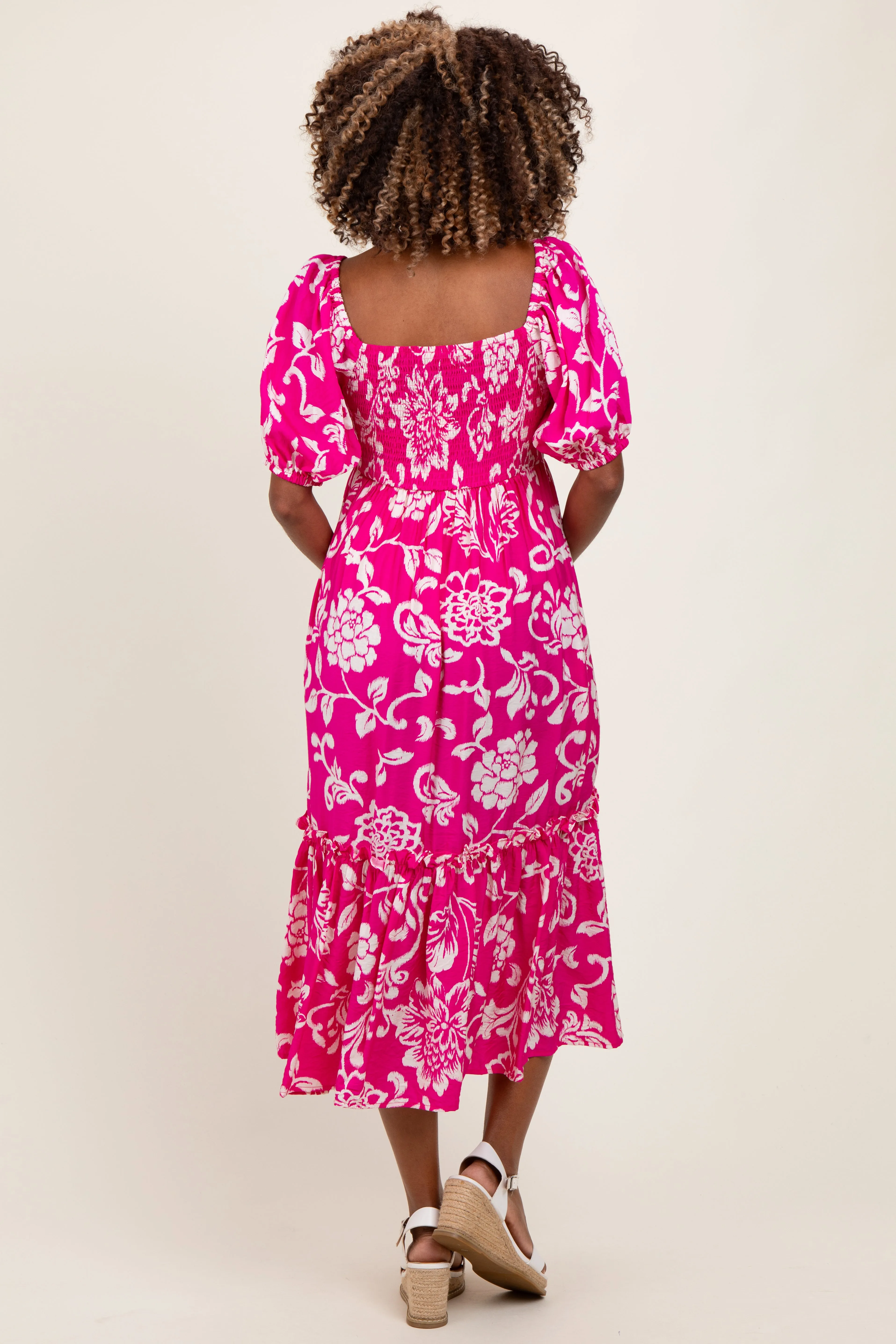 Fuchsia Floral Sweetheart Neckline Maternity Midi Dress sold by Pinkblush product image thumbnail 3