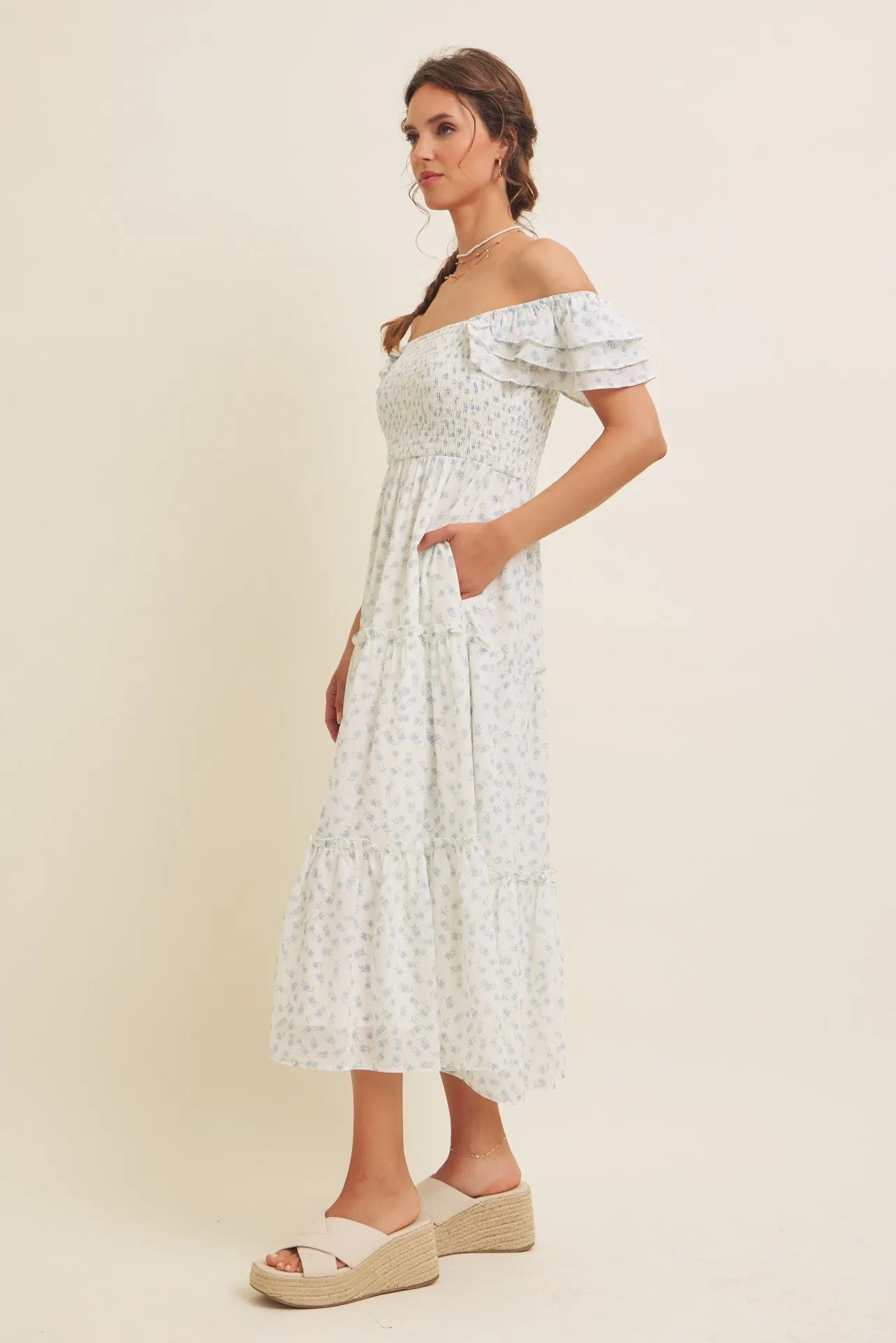 Light Blue Elegant Chiffon Floral Smocked Midi Dress sold by Pinkblush product image thumbnail 4