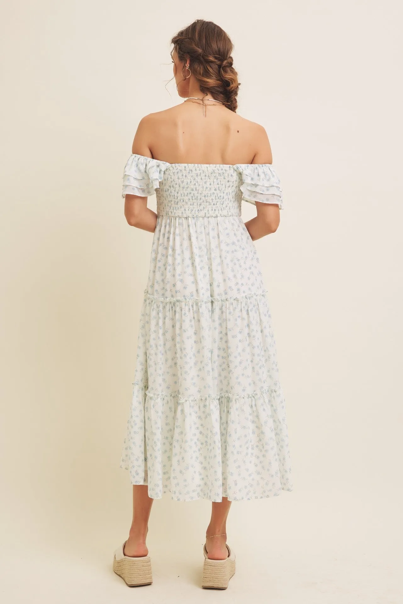 Light Blue Elegant Chiffon Floral Smocked Midi Dress sold by Pinkblush product image thumbnail 5