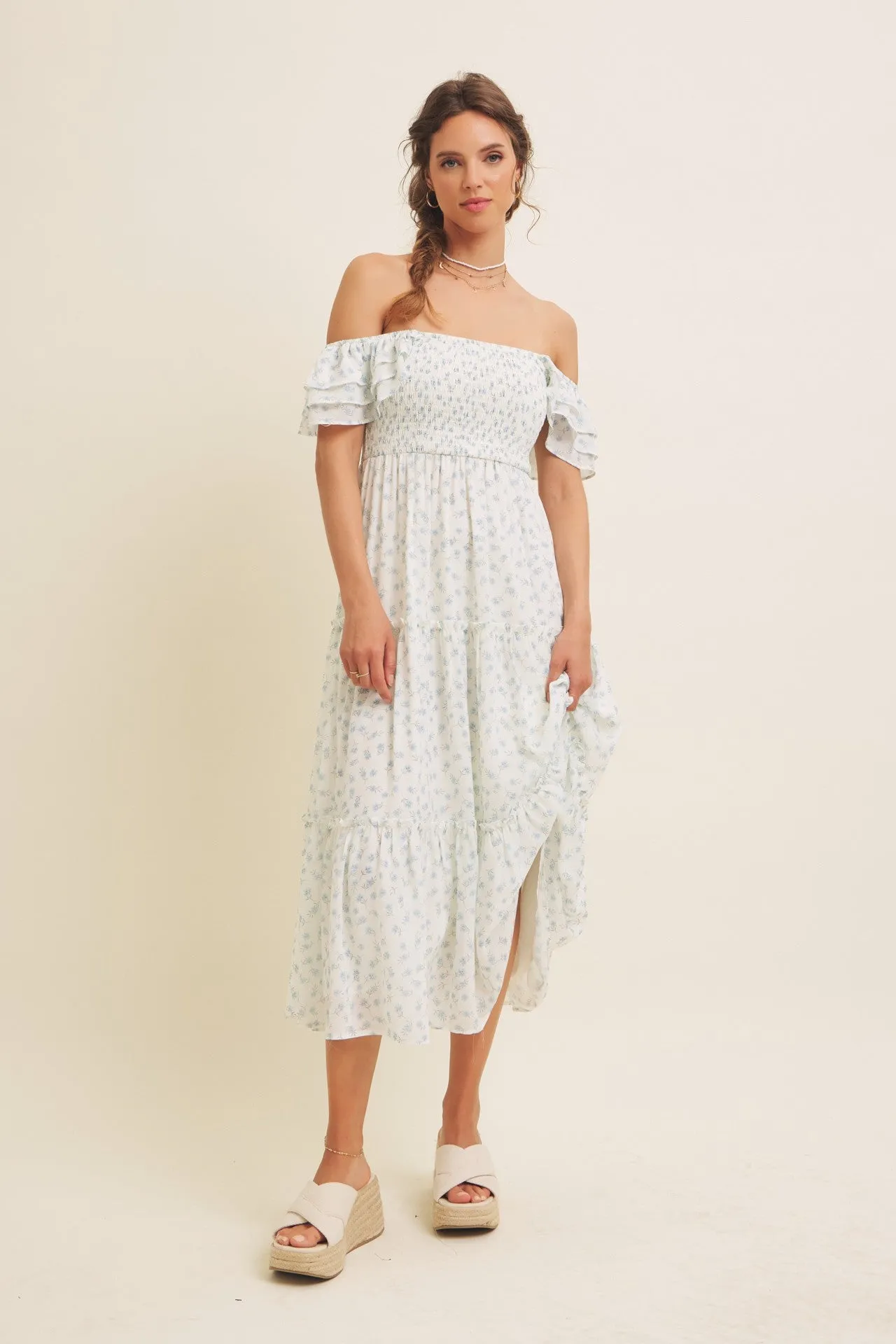 Light Blue Elegant Chiffon Floral Smocked Midi Dress sold by Pinkblush product image thumbnail 3