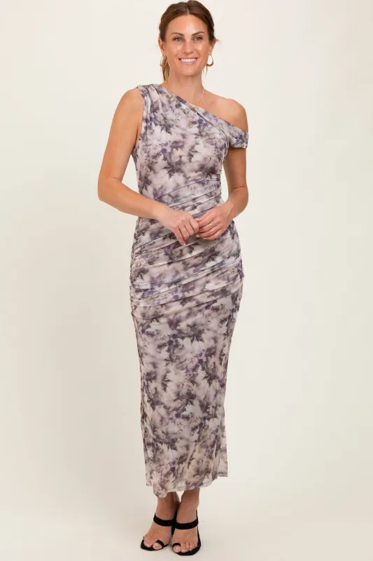 Purple Floral Ruched One Shoulder Midi Dress sold by Pinkblush