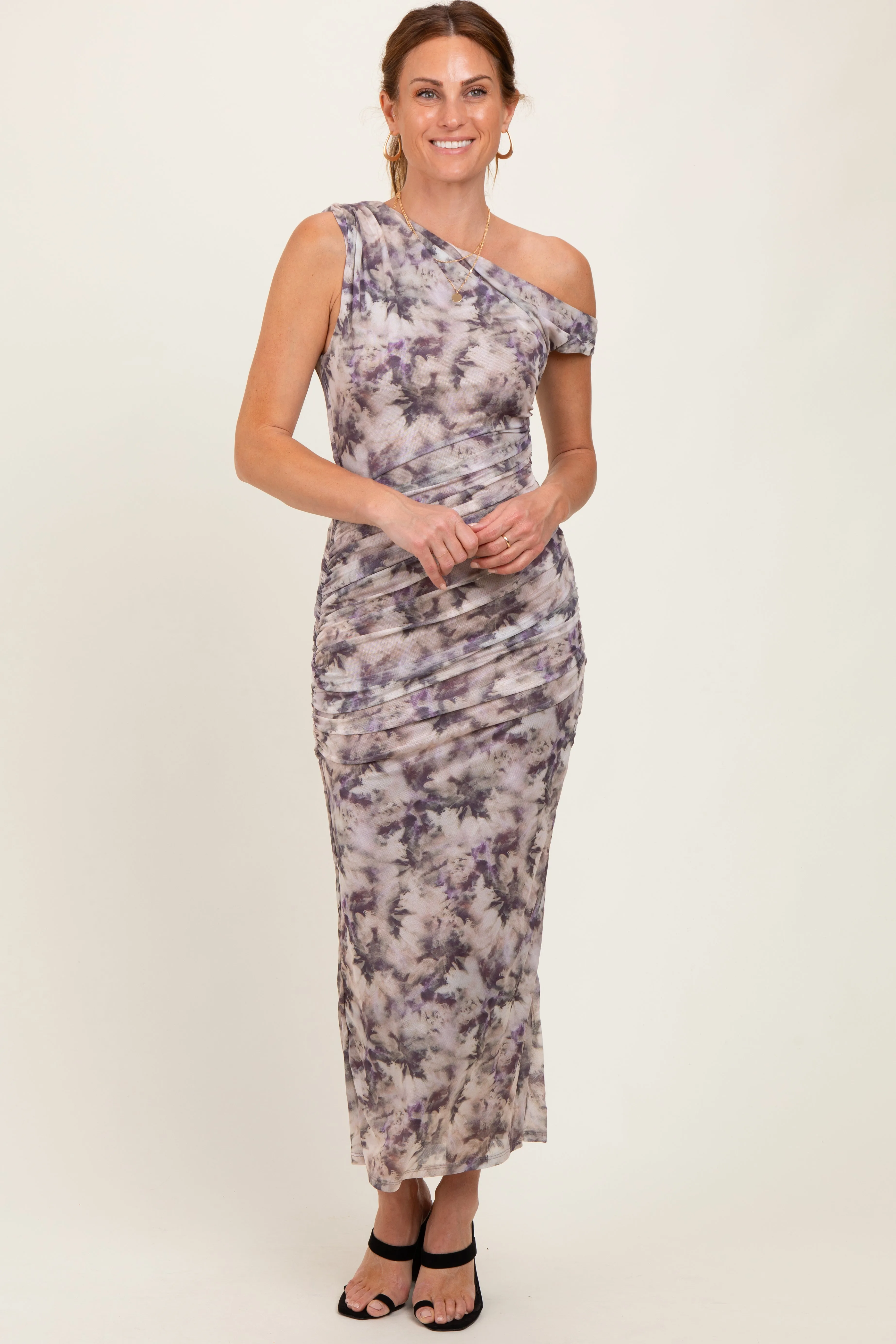 Purple Floral Ruched One Shoulder Midi Dress sold by Pinkblush