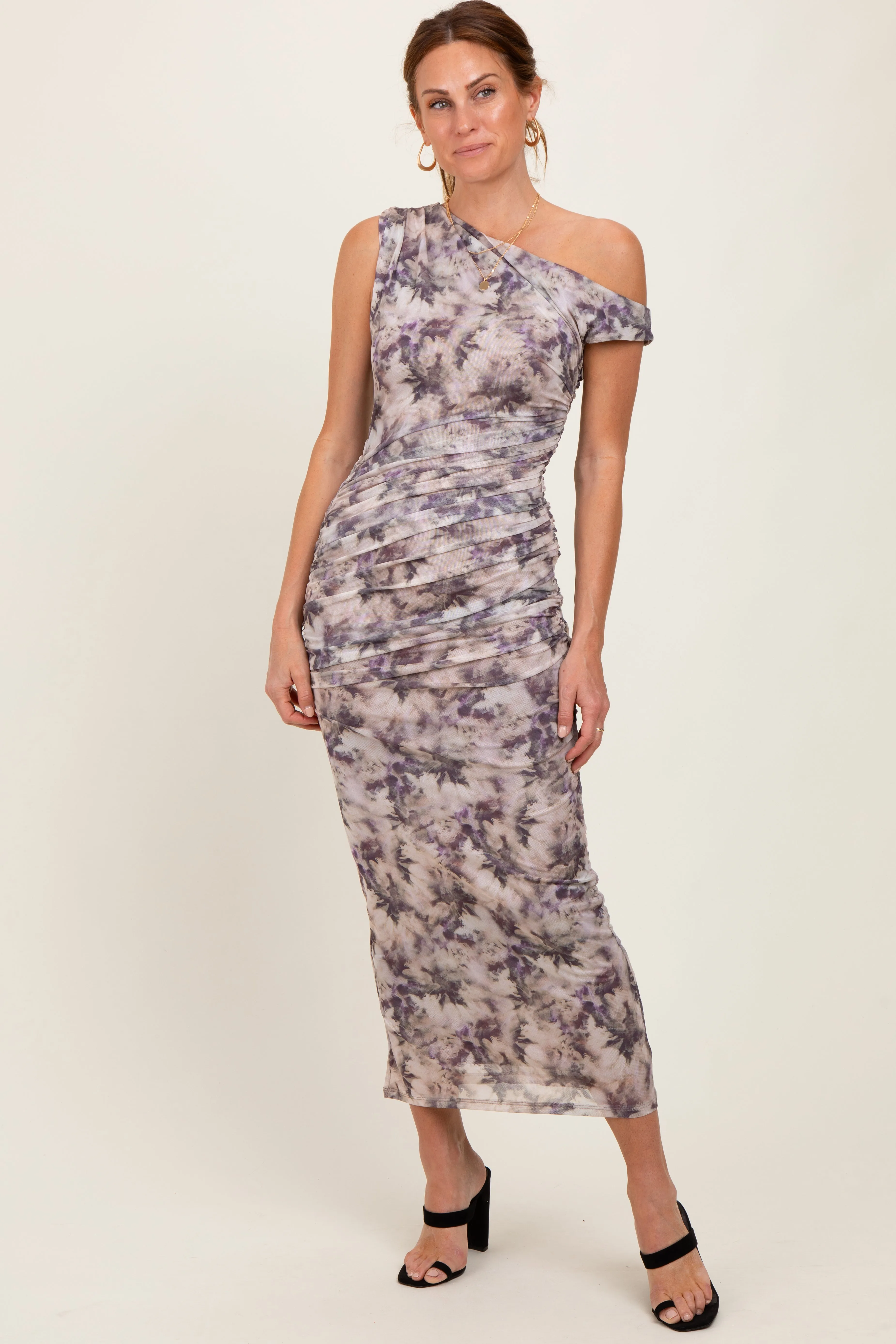Purple Floral Ruched One Shoulder Midi Dress sold by Pinkblush product image thumbnail 2