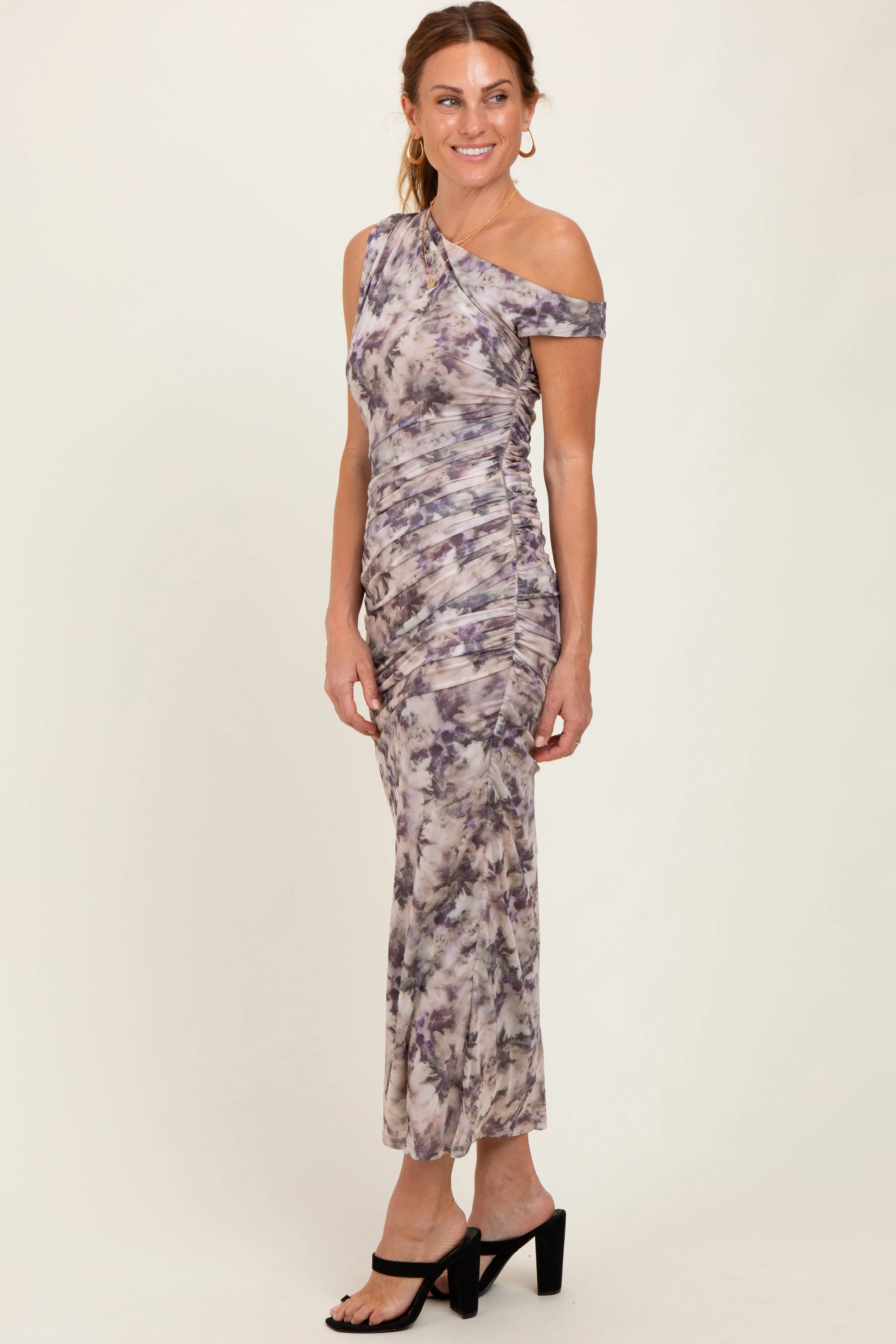 Purple Floral Ruched One Shoulder Midi Dress sold by Pinkblush product image thumbnail 3