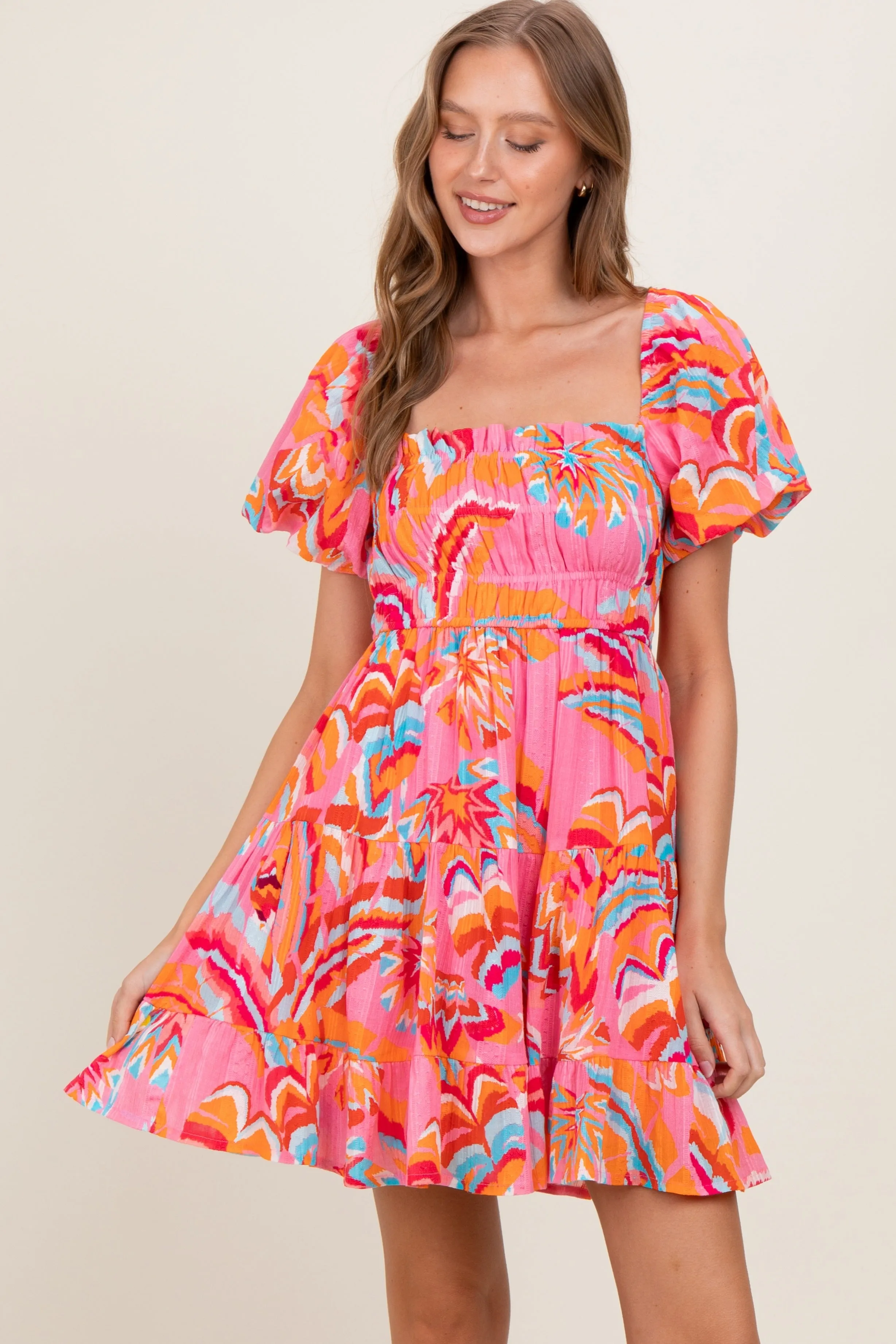 Pink Printed Smocked Puff Sleeve Mini Dress sold by Pinkblush