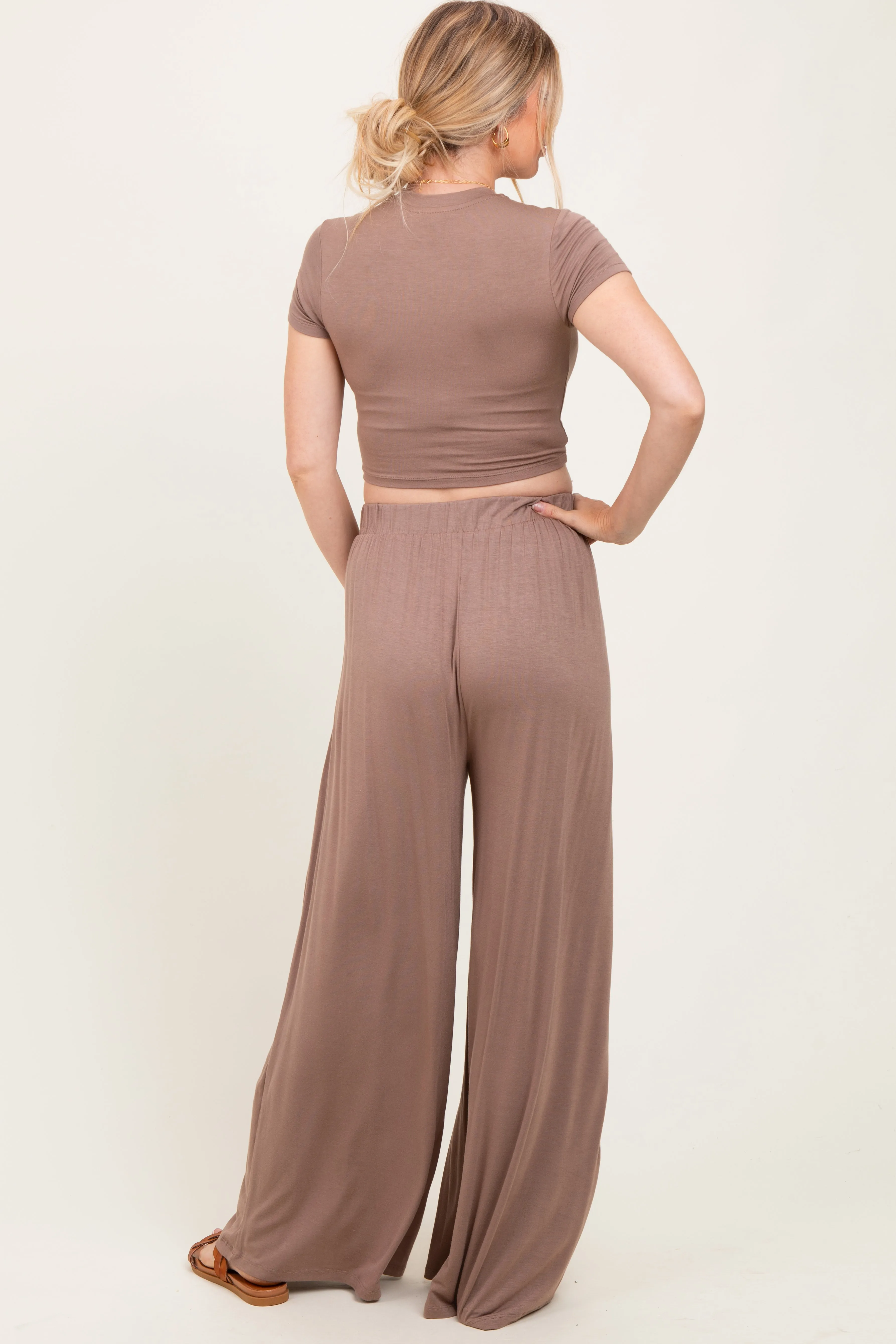Mocha Cropped Short Sleeve Wide Leg Pants Maternity Set sold by Pinkblush product image thumbnail 2