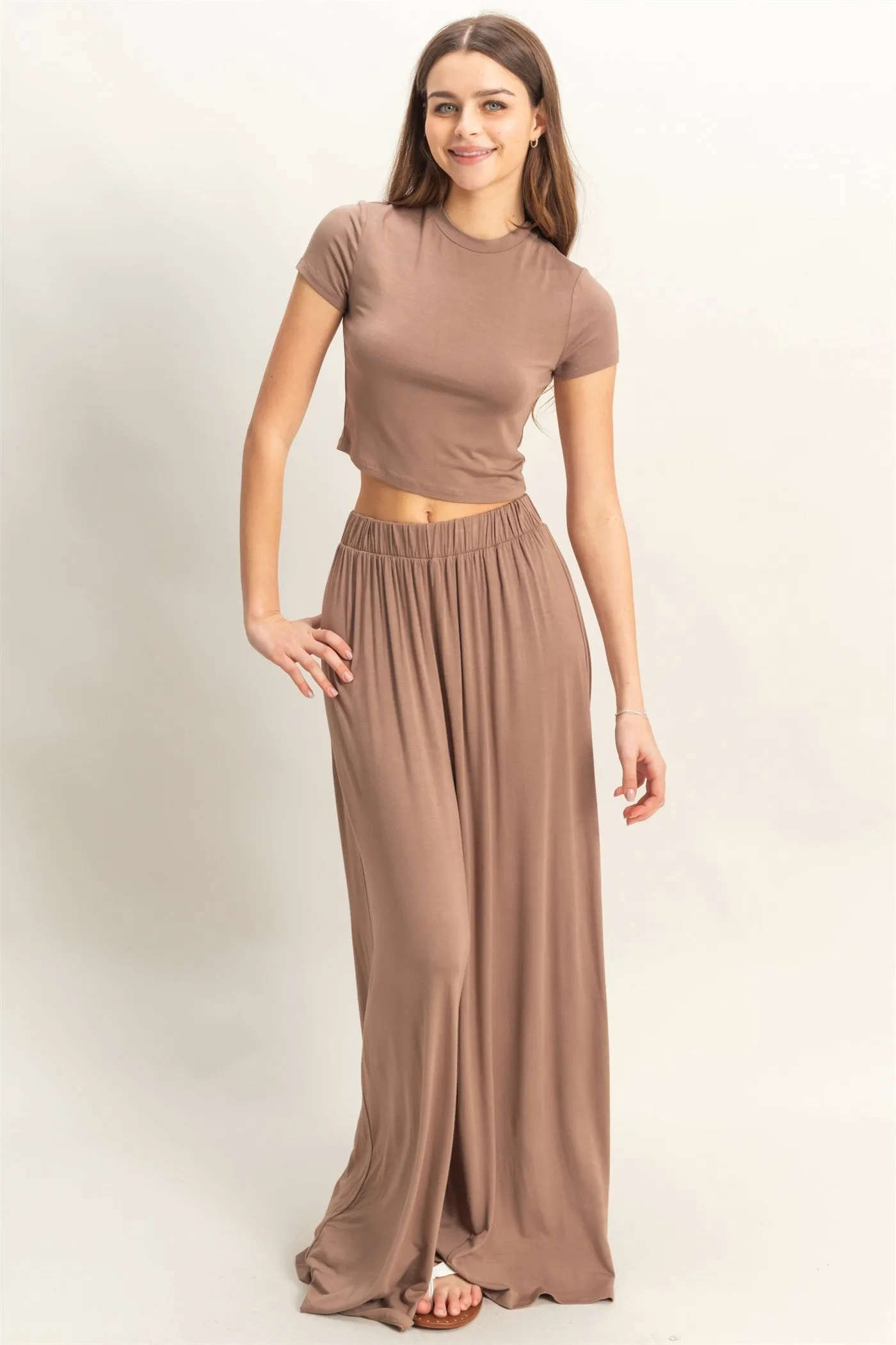Mocha Cropped Short Sleeve Wide Leg Pants Maternity Set sold by Pinkblush product image thumbnail 3