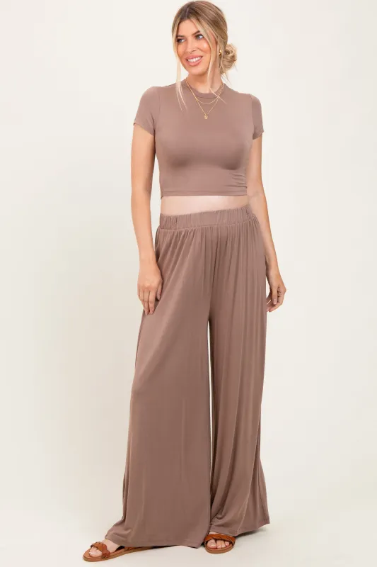 Mocha Cropped Short Sleeve Wide Leg Pants Maternity Set sold by Pinkblush