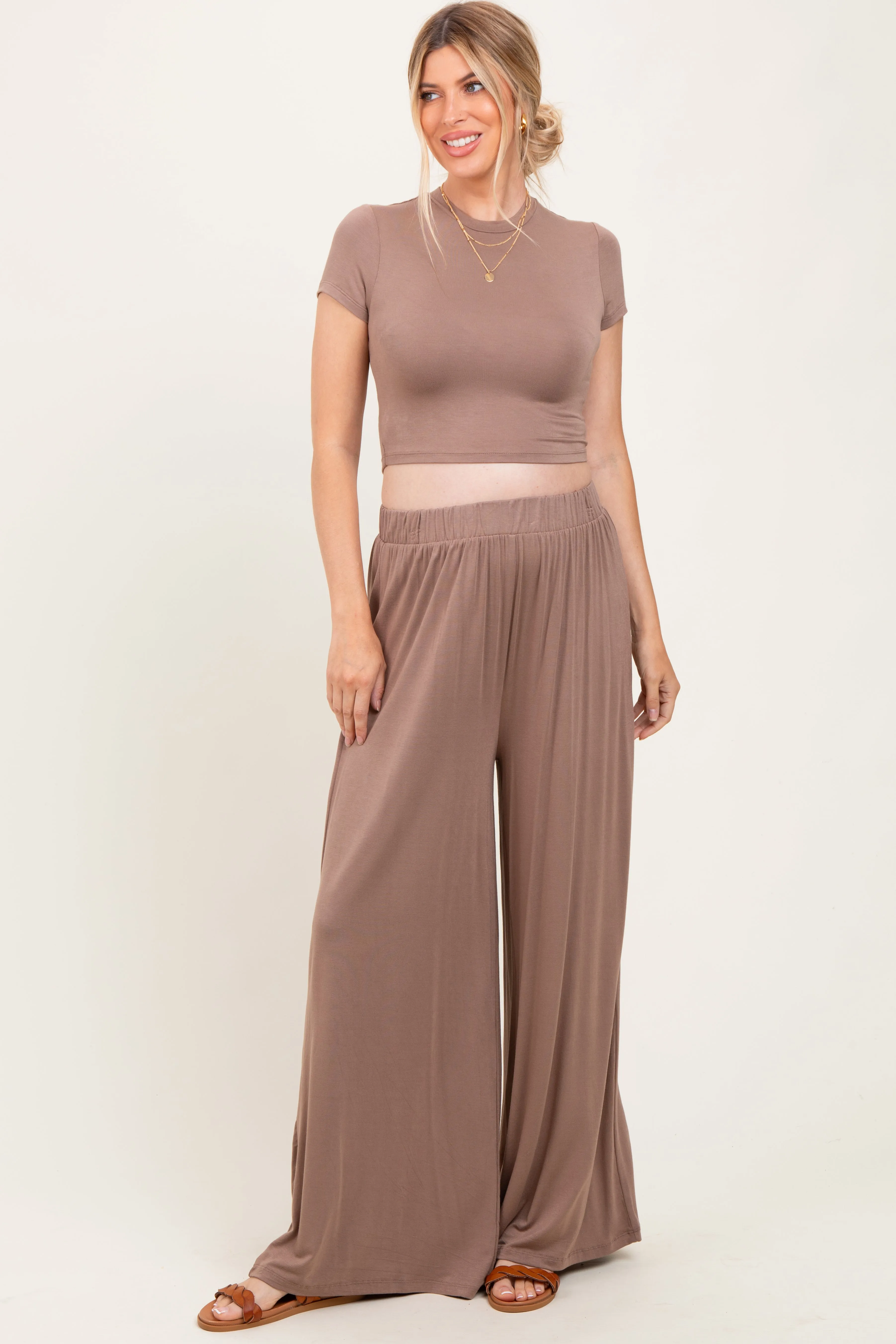Mocha Cropped Short Sleeve Wide Leg Pants Maternity Set sold by Pinkblush