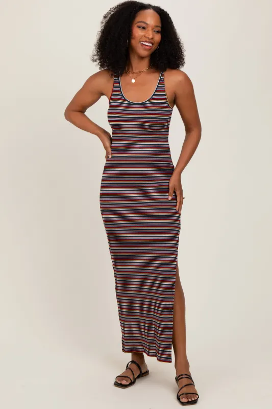 Yellow Multicolor Striped Side Slit Maxi Dress sold by Pinkblush