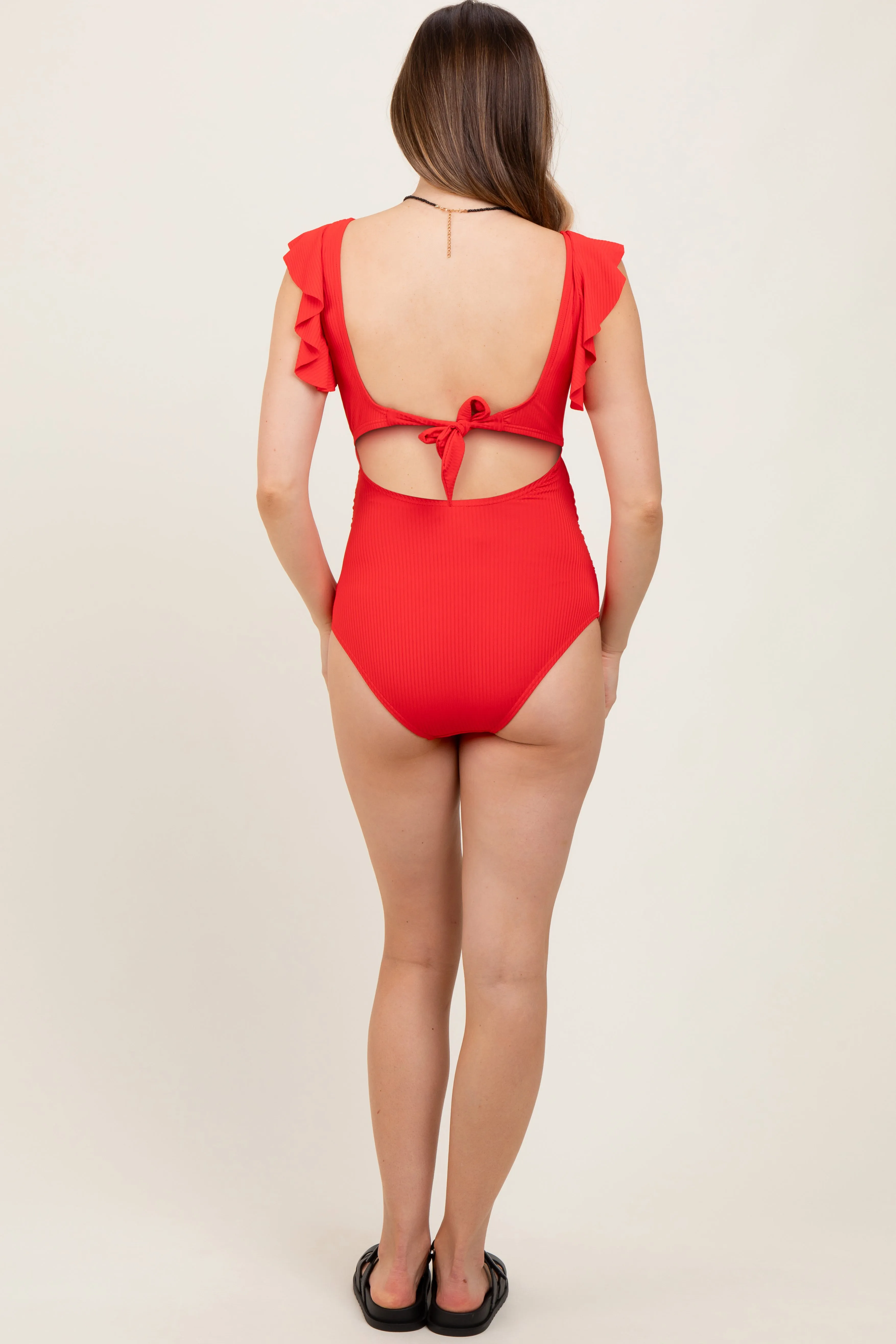 Red Ribbed Cutout Flutter One Piece Maternity Swimsuit sold by Pinkblush product image thumbnail 4