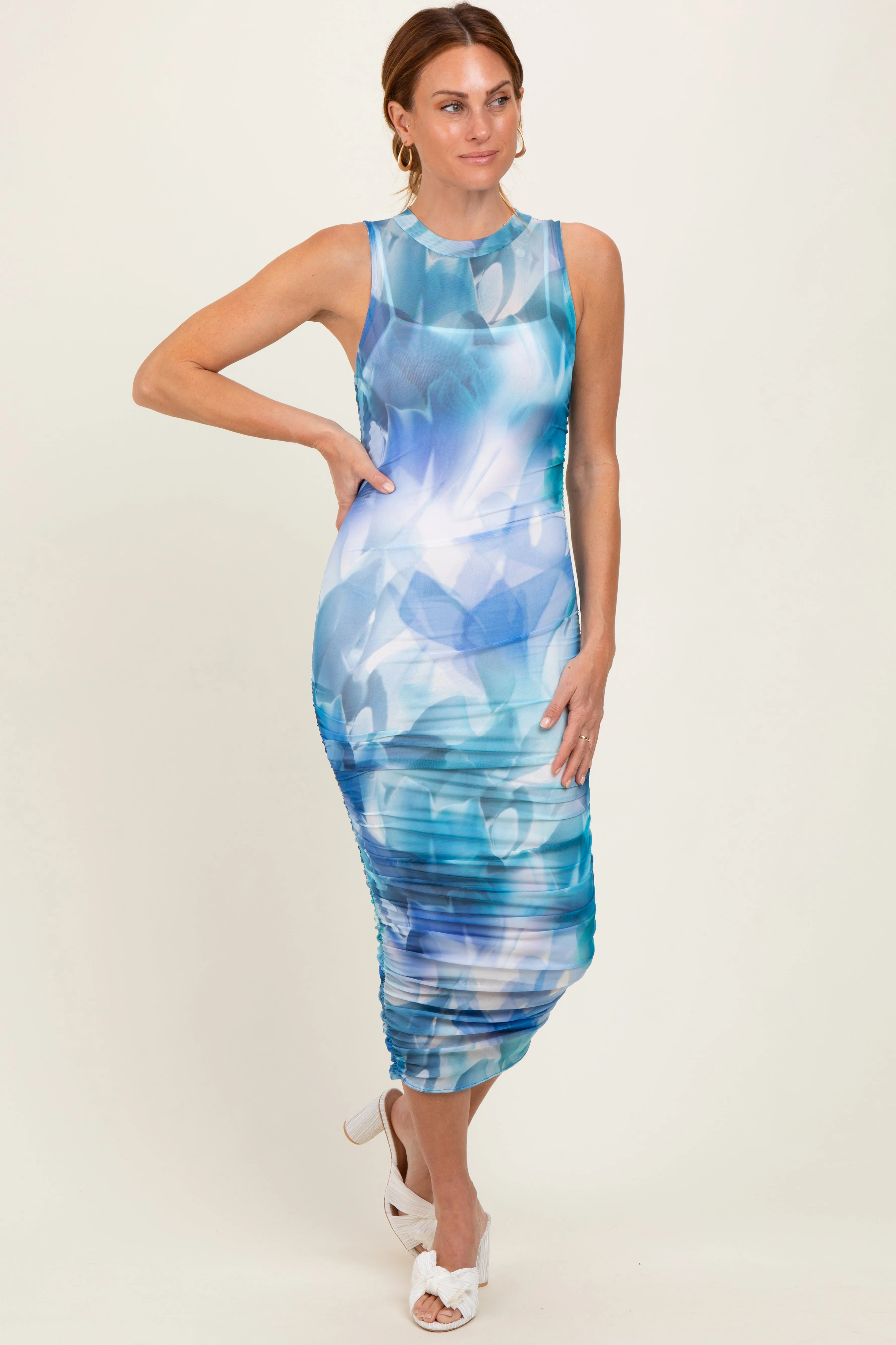Teal Printed Mesh Overlay Sleeveless Fitted Midi Dress sold by Pinkblush product image thumbnail 2