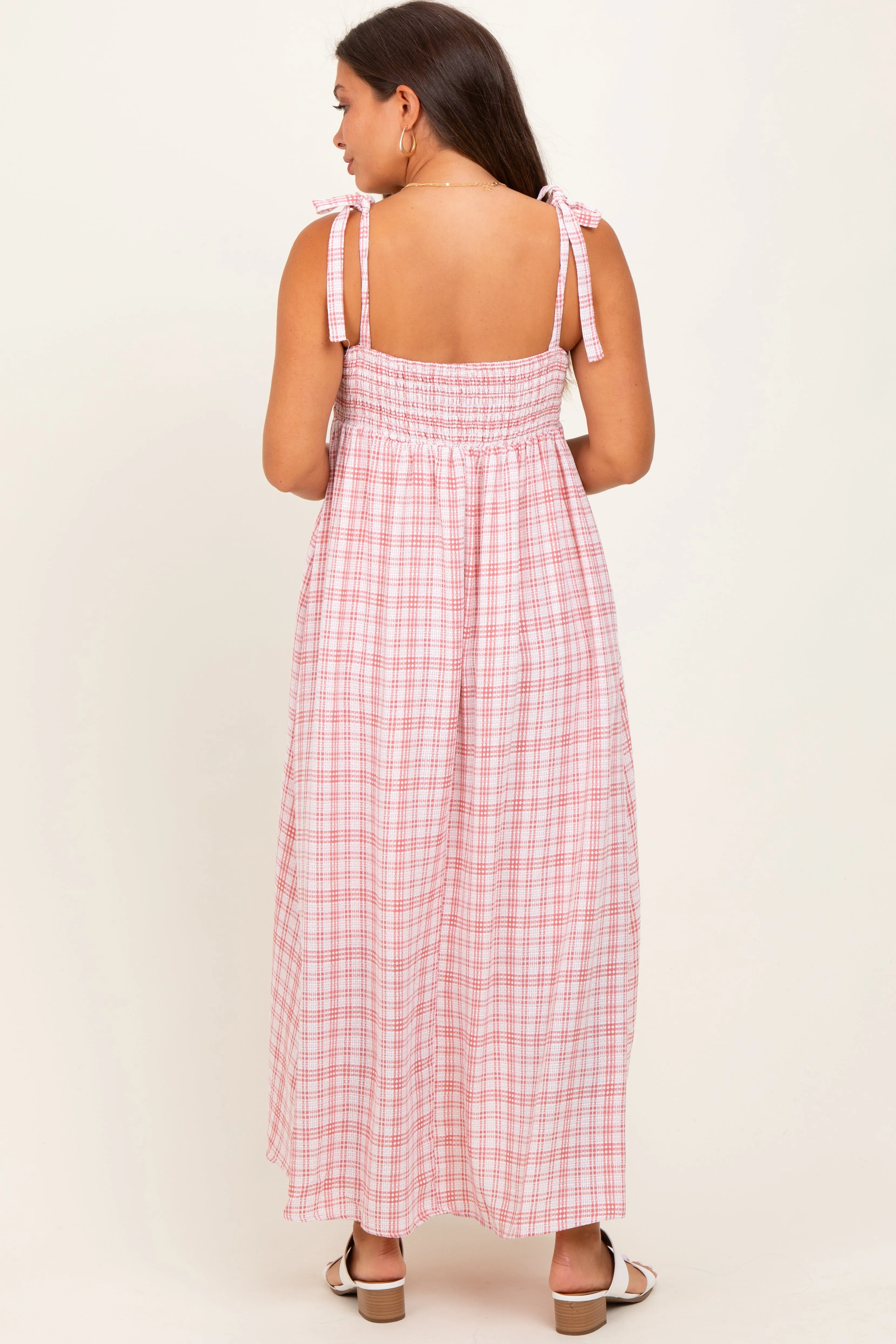 Pink Plaid Smocked Shoulder Tie Maternity Maxi Dress sold by Pinkblush product image thumbnail 3