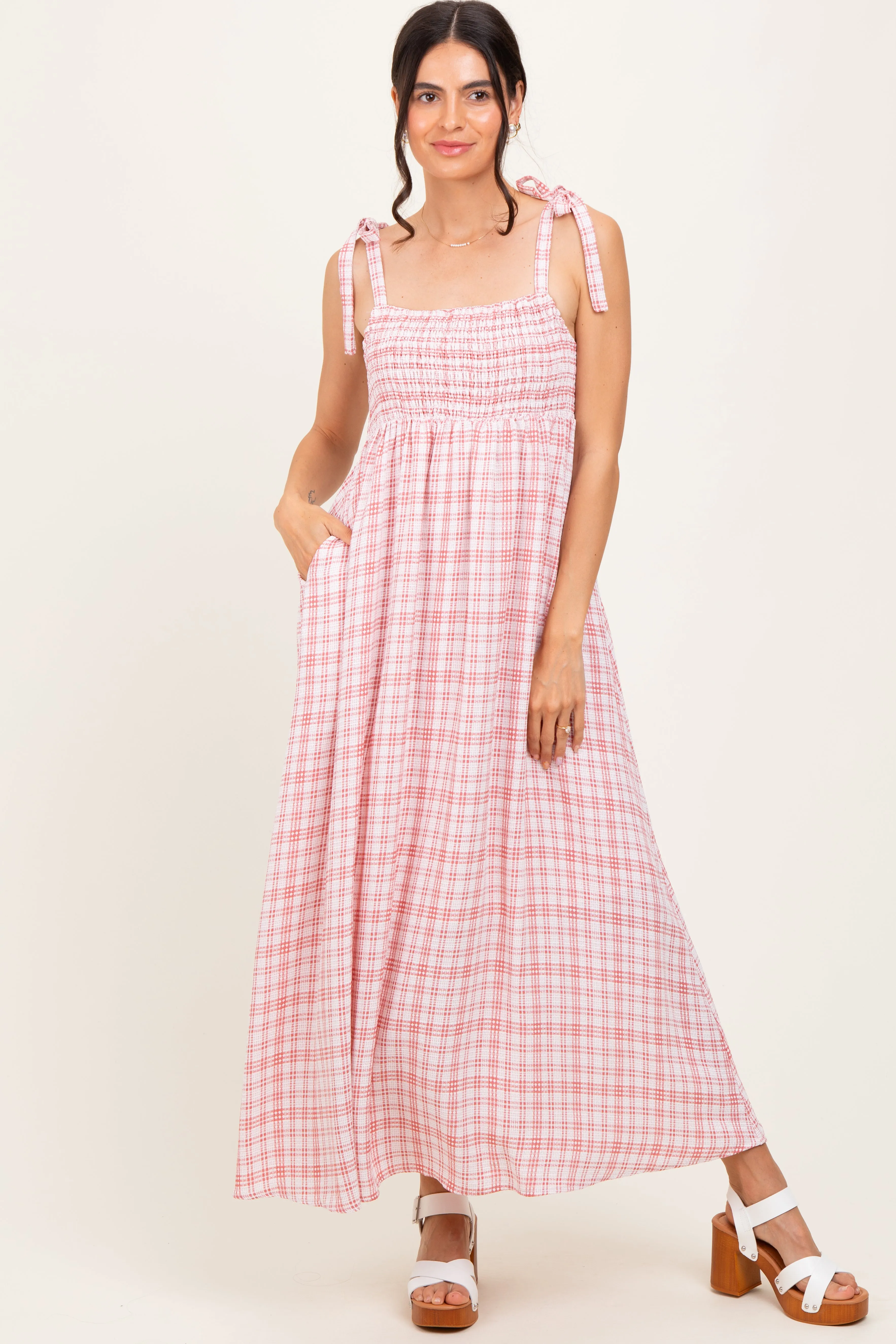Pink Plaid Smocked Shoulder Tie Maternity Maxi Dress sold by Pinkblush product image thumbnail 4