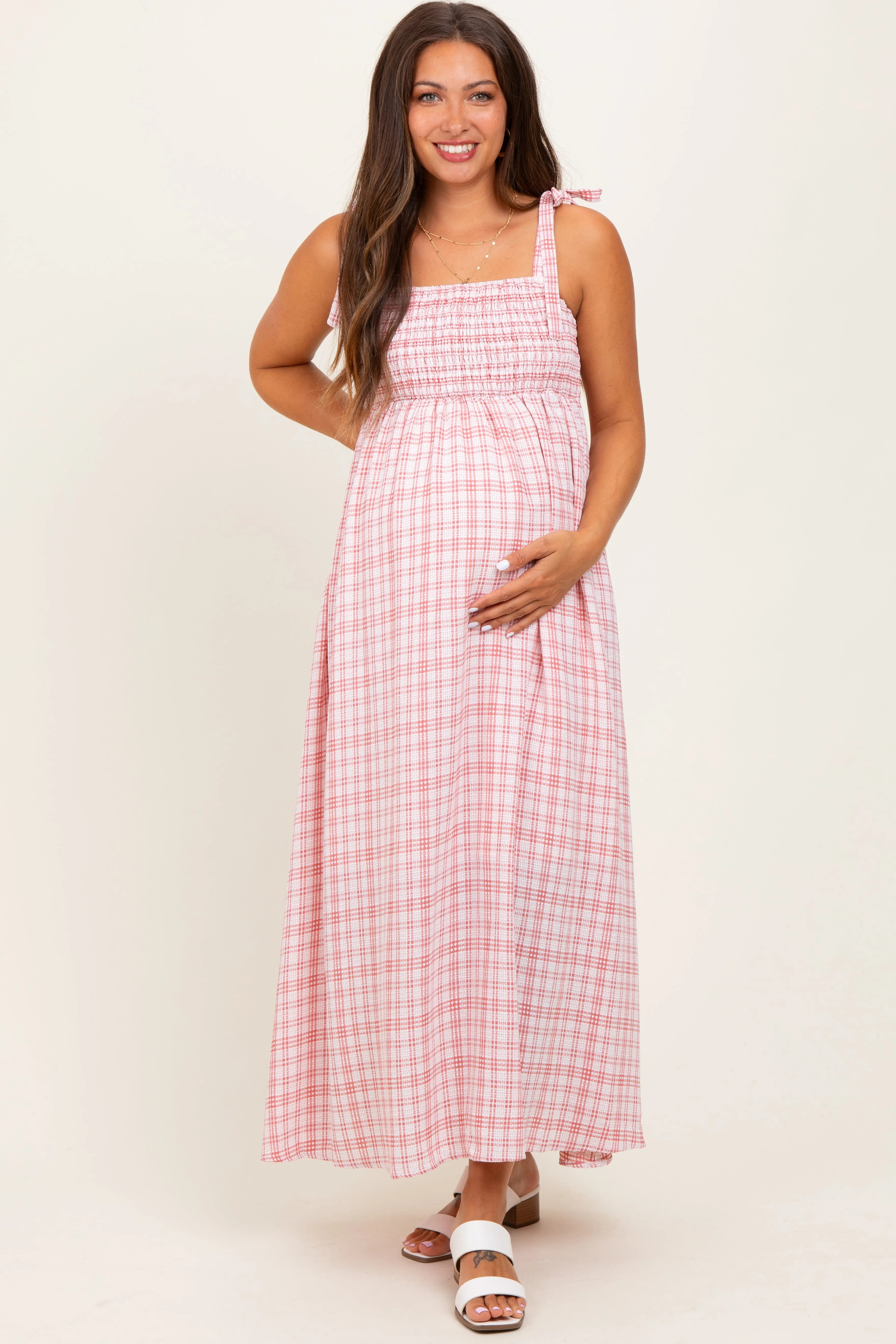 Pink Plaid Smocked Shoulder Tie Maternity Maxi Dress sold by Pinkblush