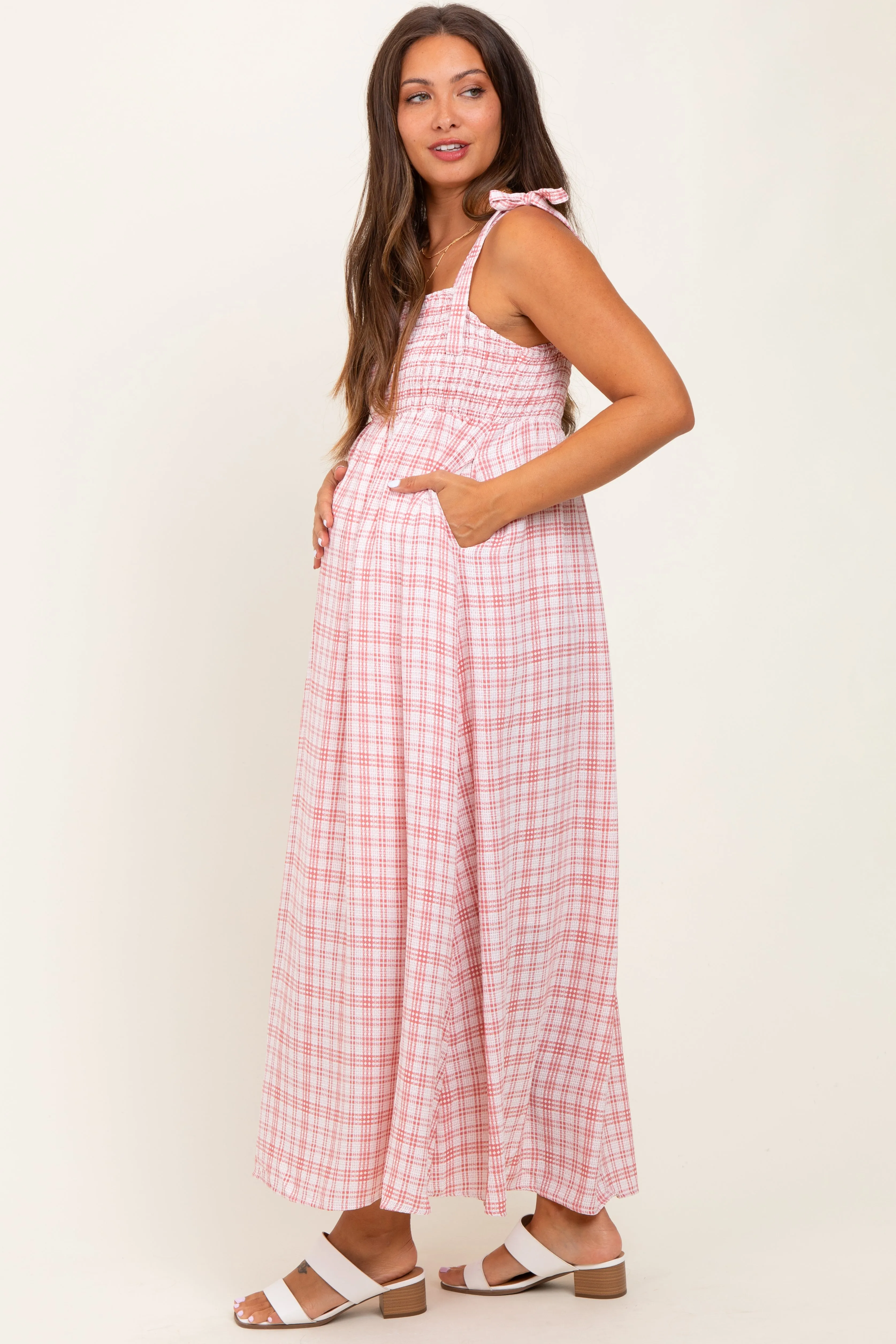 Pink Plaid Smocked Shoulder Tie Maternity Maxi Dress sold by Pinkblush product image thumbnail 2