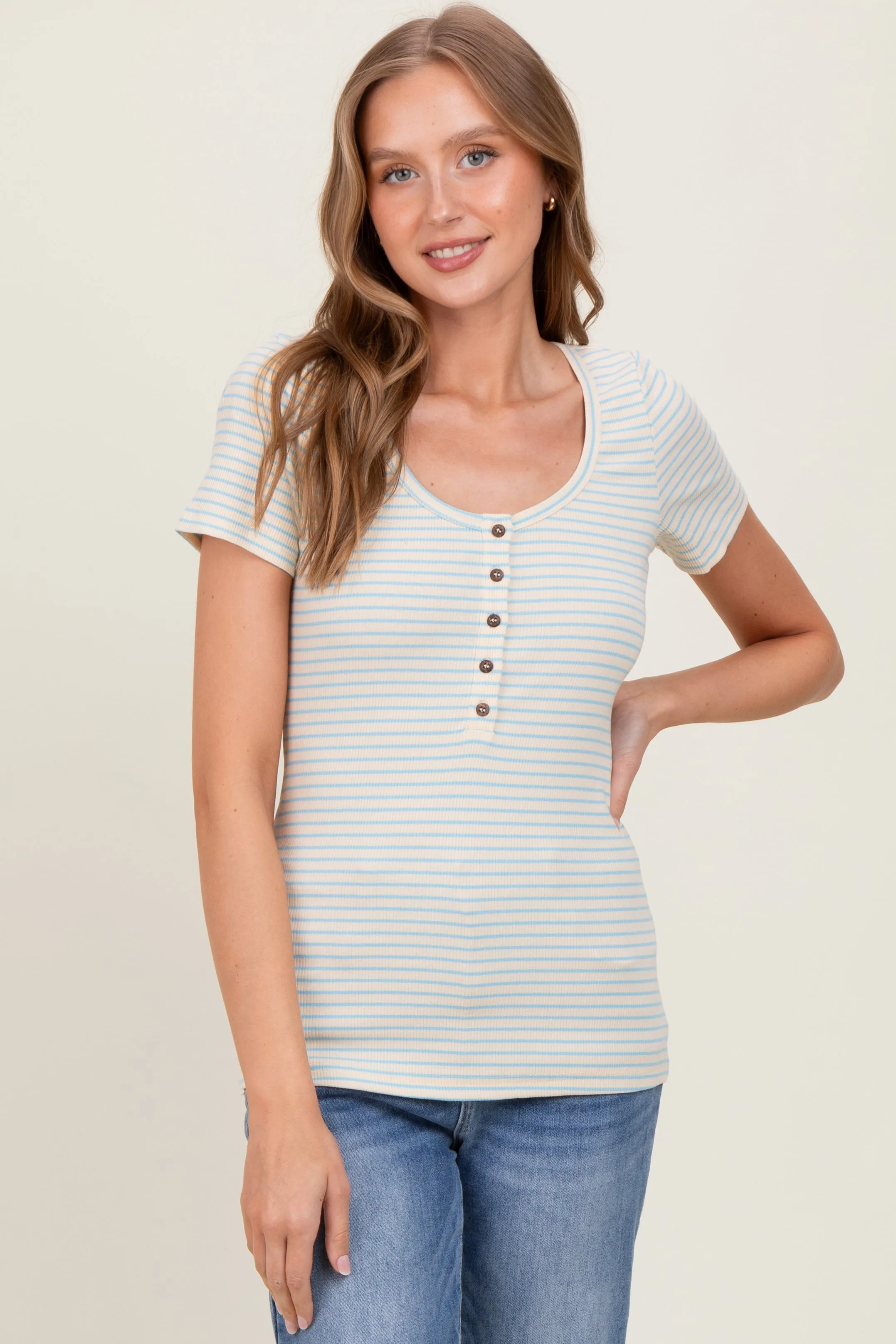 Light Blue Striped Fitted Short Sleeve Top sold by Pinkblush product image thumbnail 2