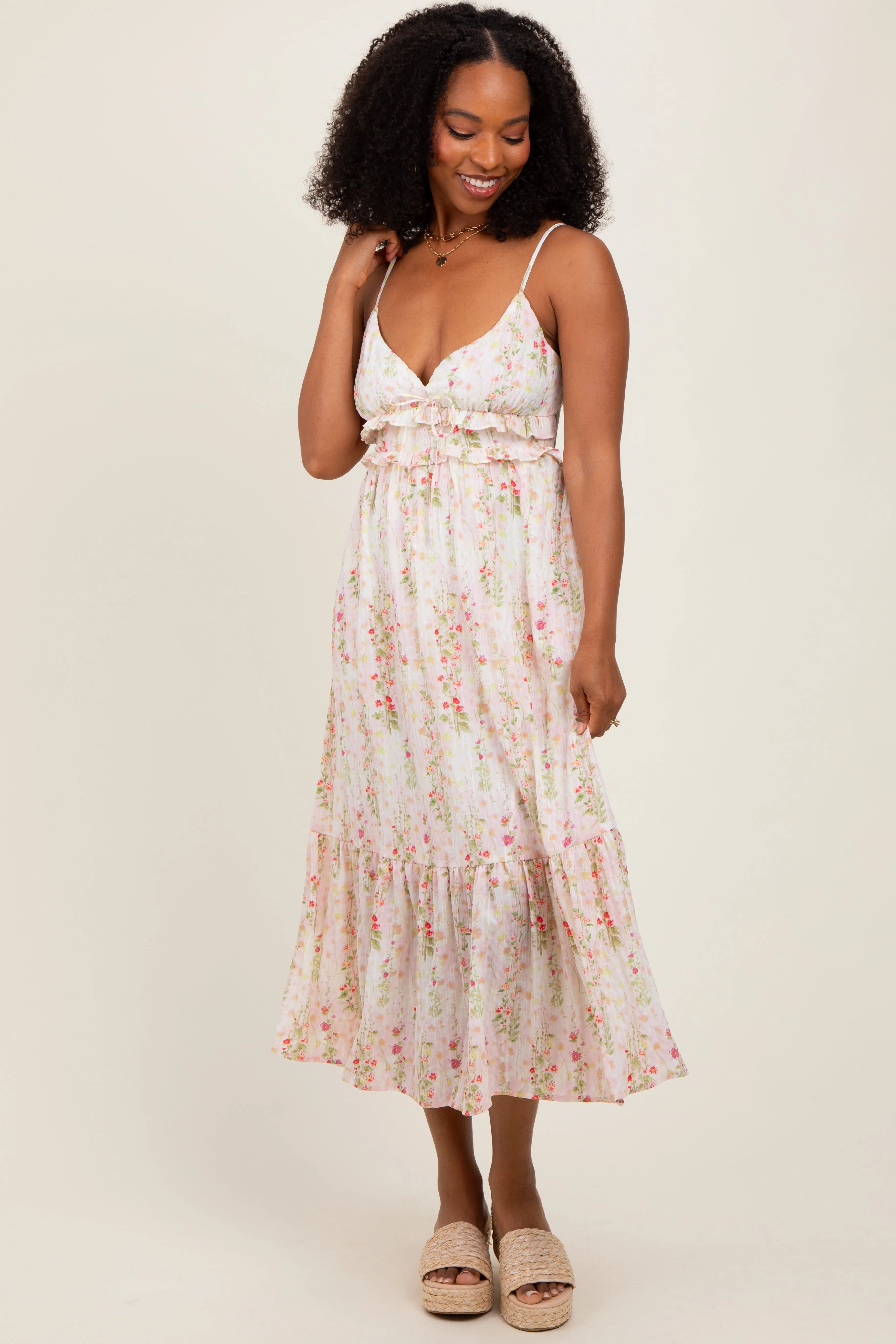 Yellow Floral Ruffle Accent Sleeveless Midi Dress sold by Pinkblush