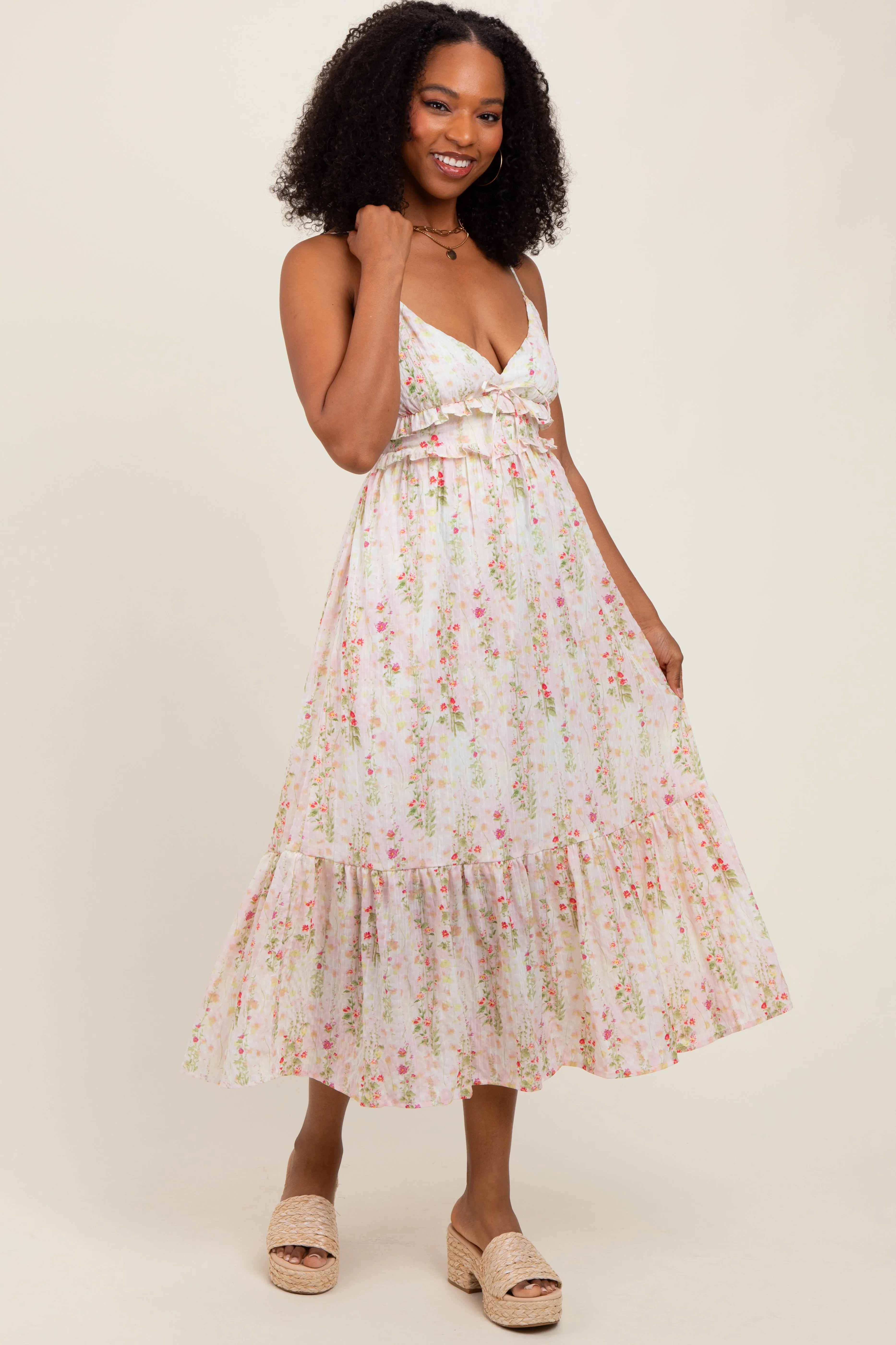 Yellow Floral Ruffle Accent Sleeveless Midi Dress sold by Pinkblush product image thumbnail 2